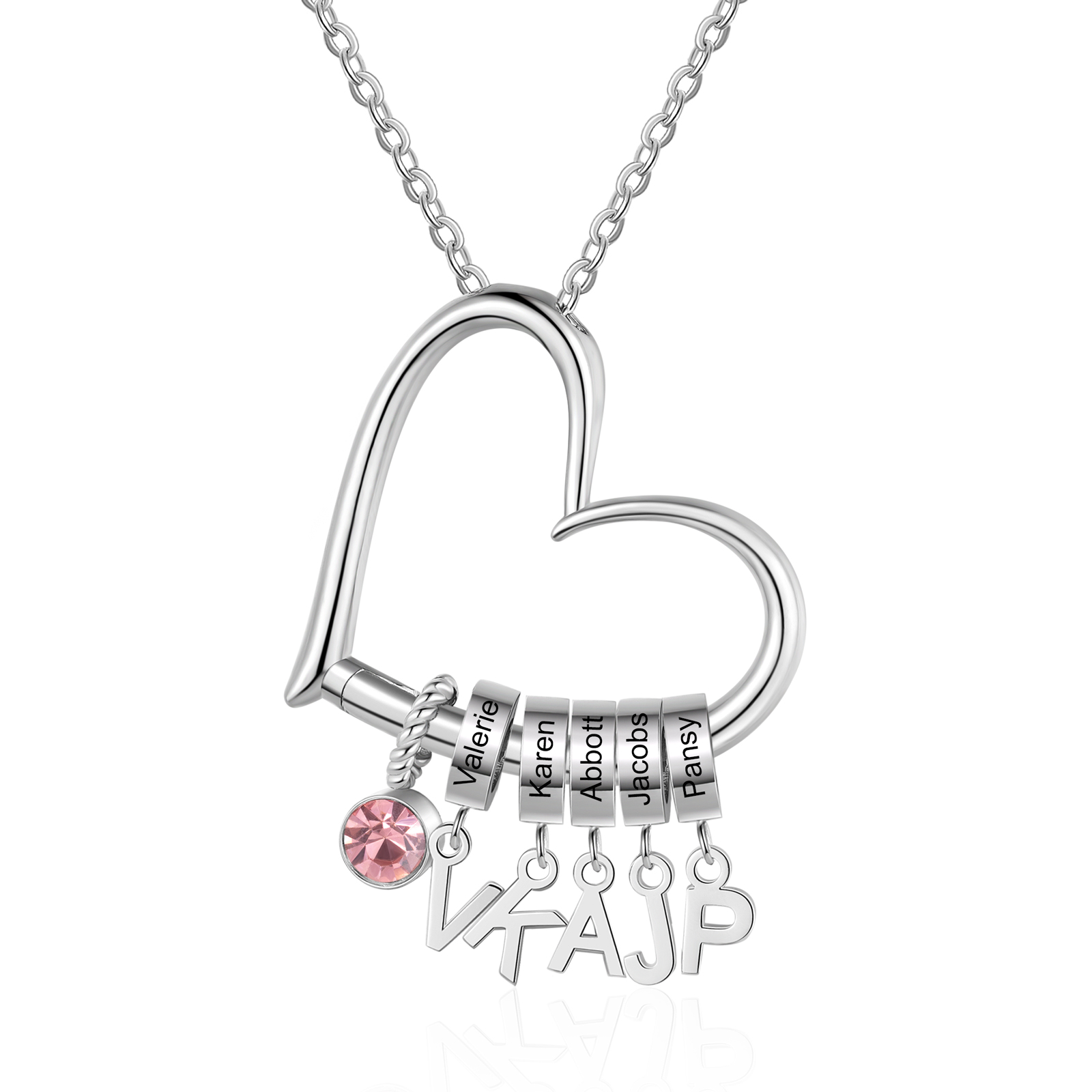 Custom Heart Necklace with 5 Names & 1 Birthstone – Family Personalized Necklace Gift for Women
