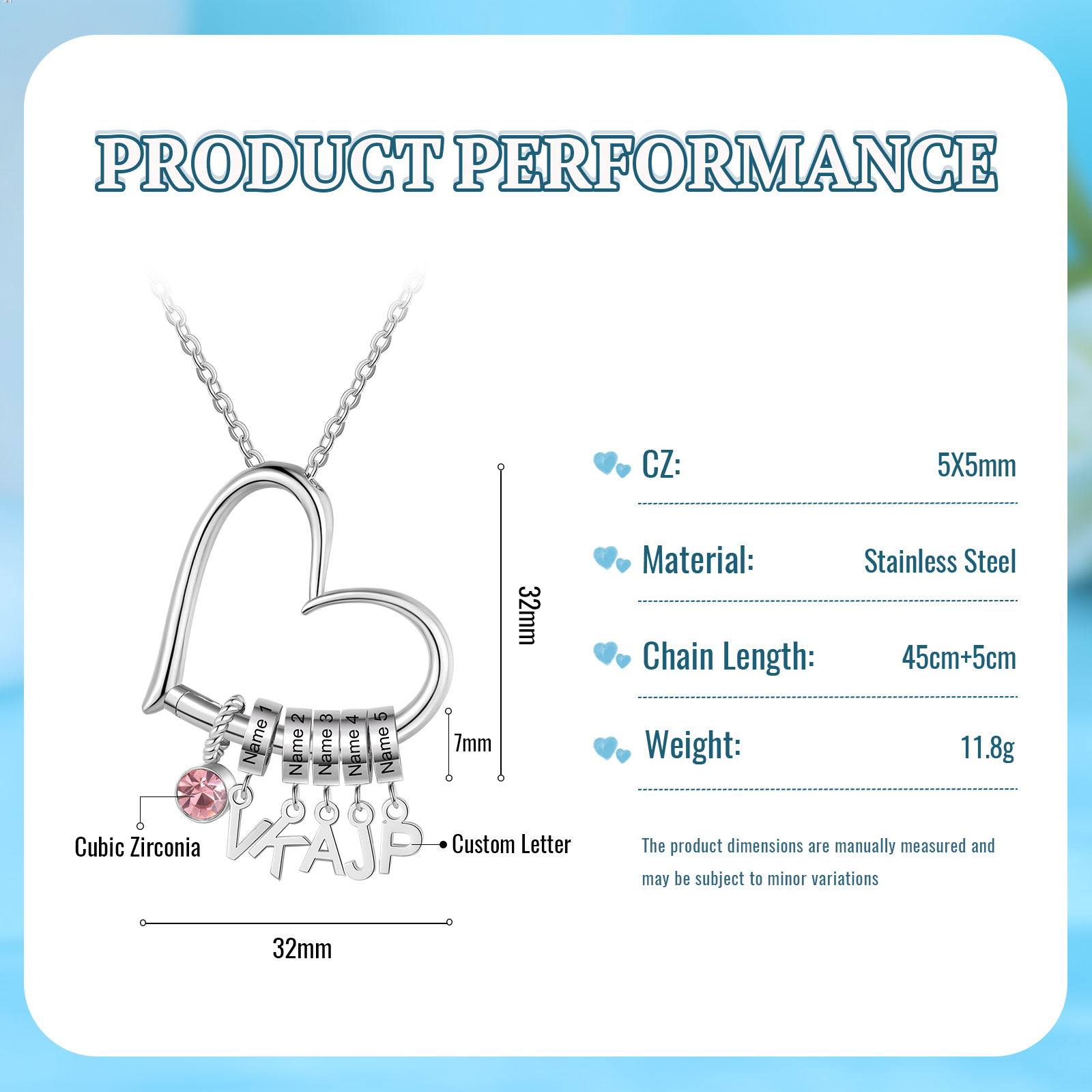 Custom Heart Necklace with 5 Names & 1 Birthstone – Family Personalized Necklace Gift for Women