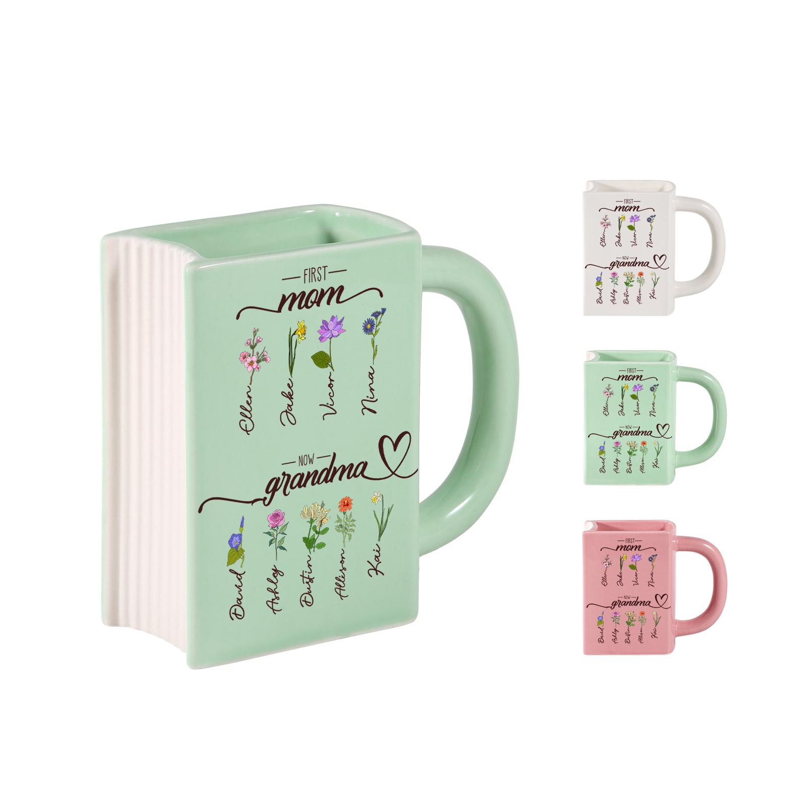 Personalised Book-Shaped Vase with 2 to 10 Names and Birth Flowers for Mum or Nanny