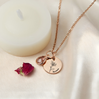 Custom Birth Flower Necklace Personalized with Birthstone and Name Birthday Gift for Her Jessemade