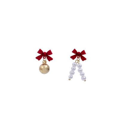Christmas Asymmetrical Bow & Pearl Earrings Festive Holiday Gift