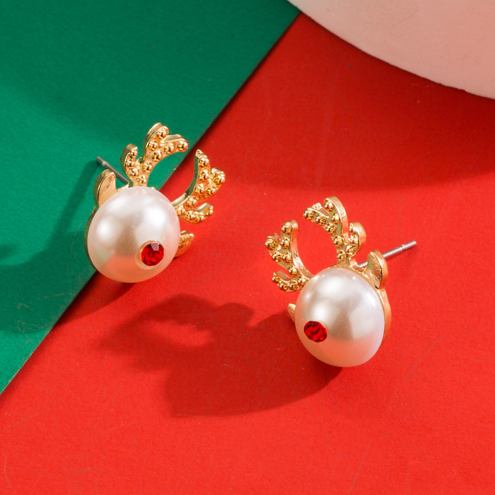 Festive Reindeer Pearl Stud Earrings Christmas Holiday Gift for Women