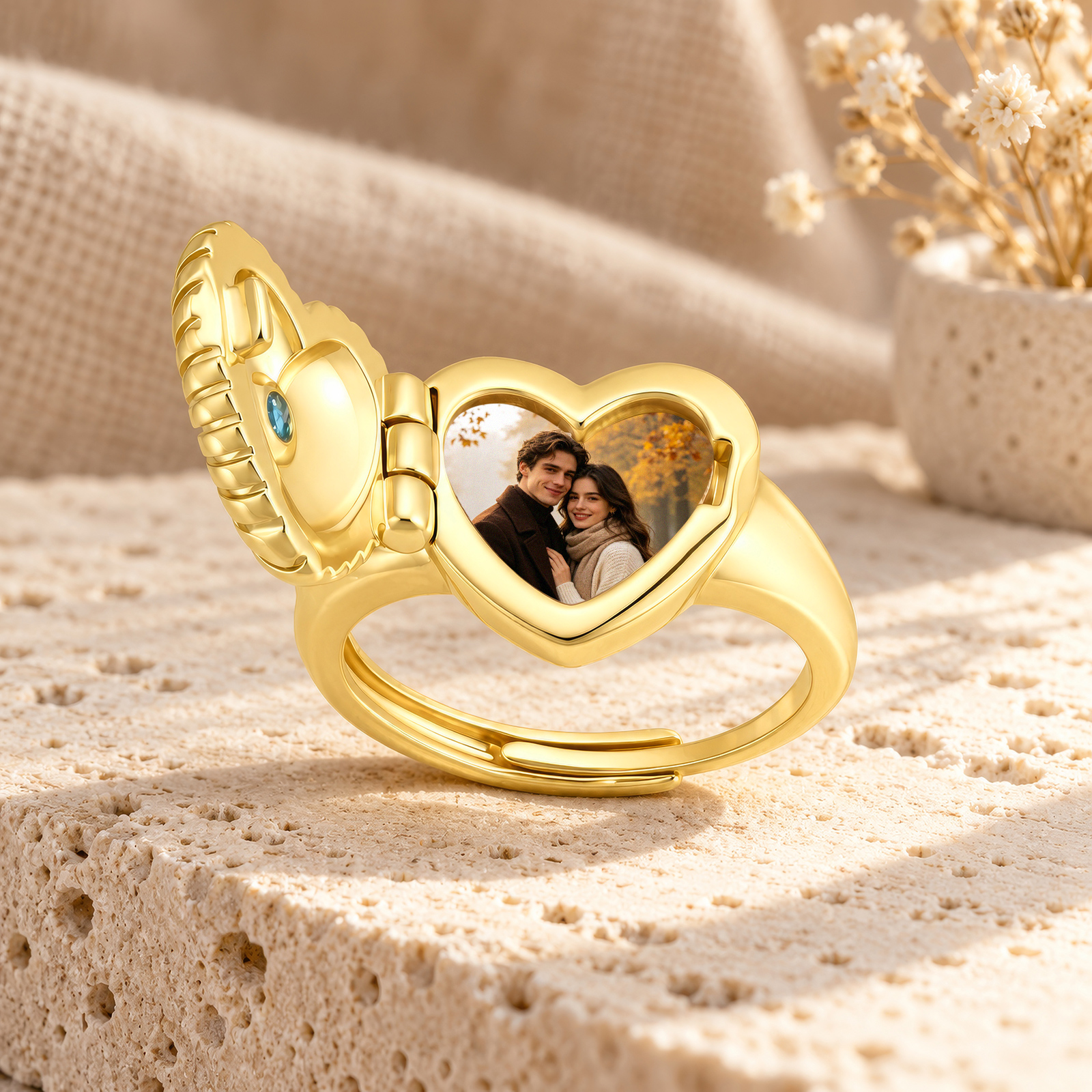 Personalized Adjustable Heart Birthstone Photo Locket Ring for Women