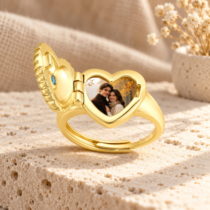 Personalized Adjustable Heart Birthstone Photo Locket Ring for Women