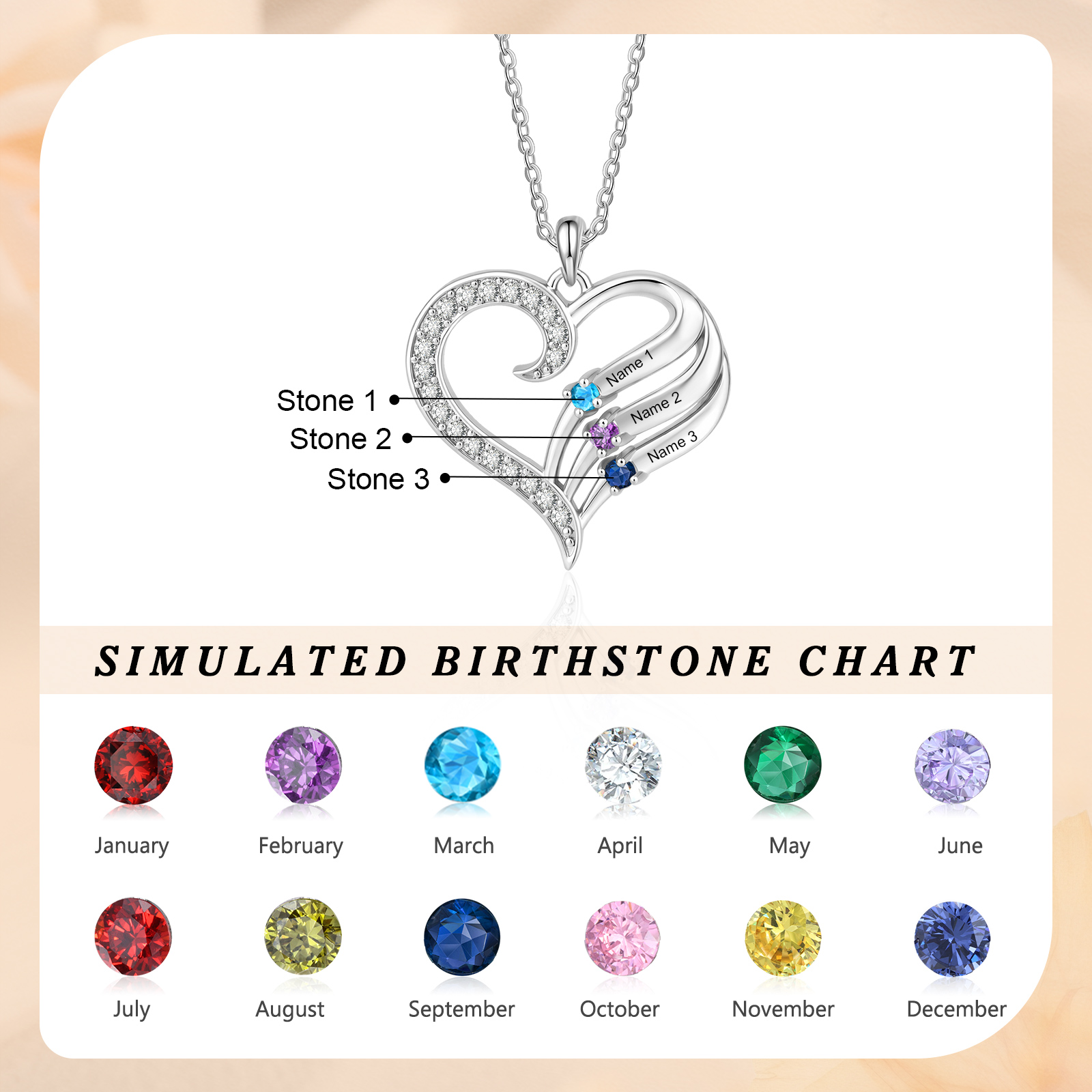 Personalized Heart Necklace with Birthstones, Customized with 2–4 Family Names