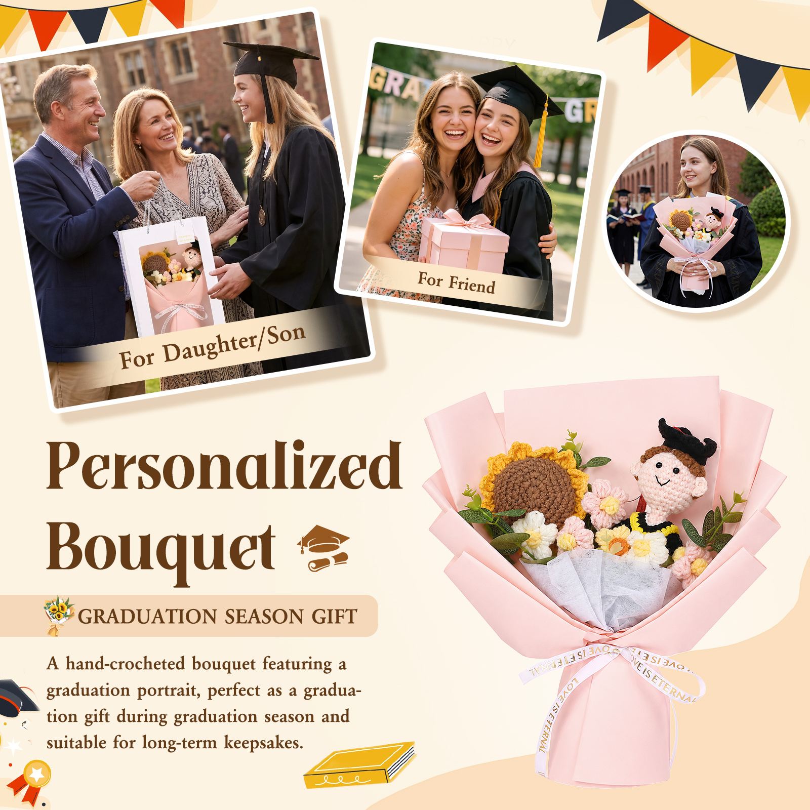 Personalized Hand-Crocheted Graduation Flower Bouquet Gift Box