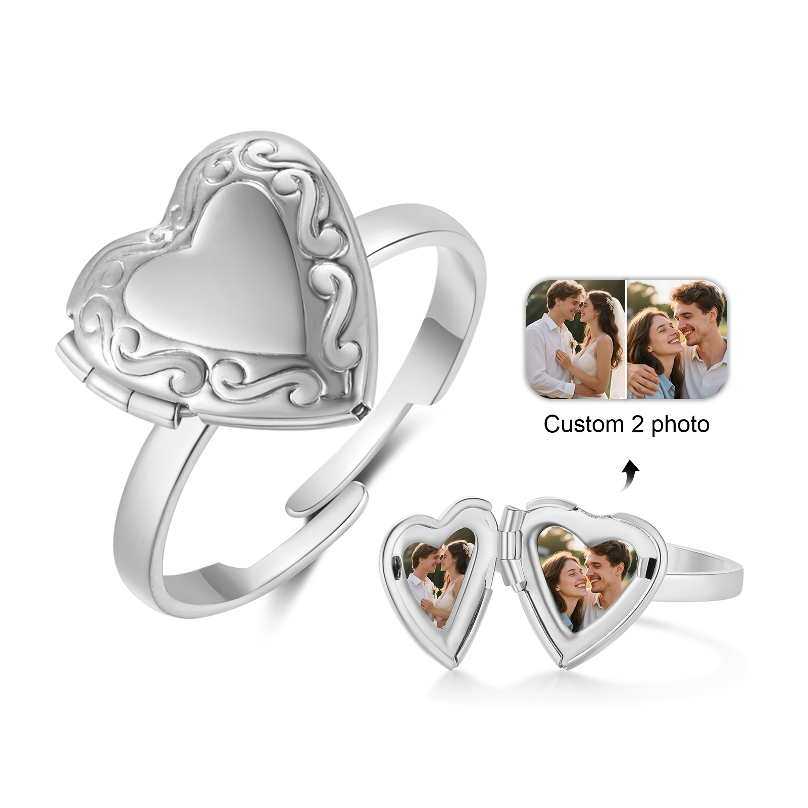 Adjustable Heart Photo Locket Ring Custom 2 Photos for Her | Lorajewel