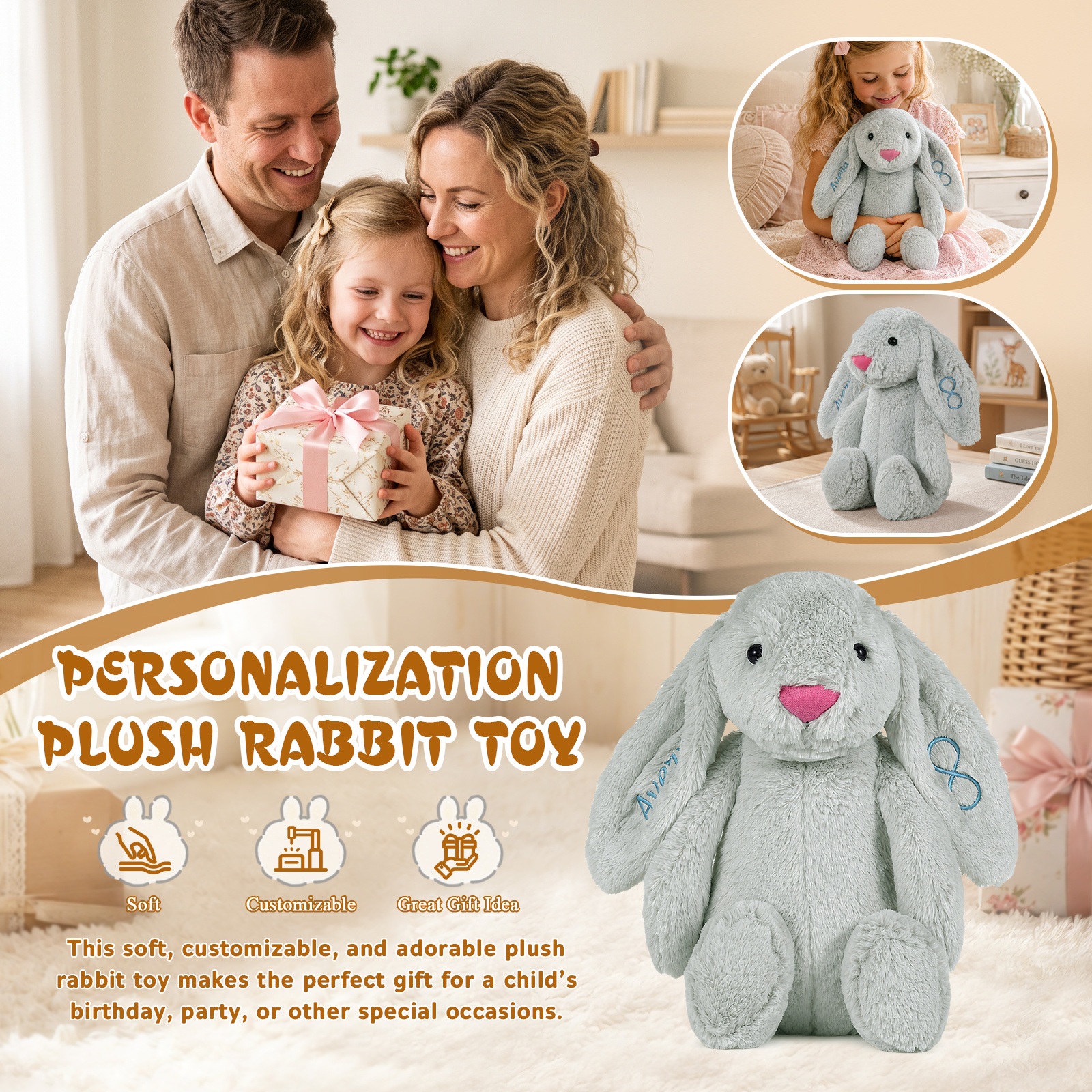 Personalized Plush Bunny with Embroidered Name and Custom Design, Gift for Children and Grandchildren