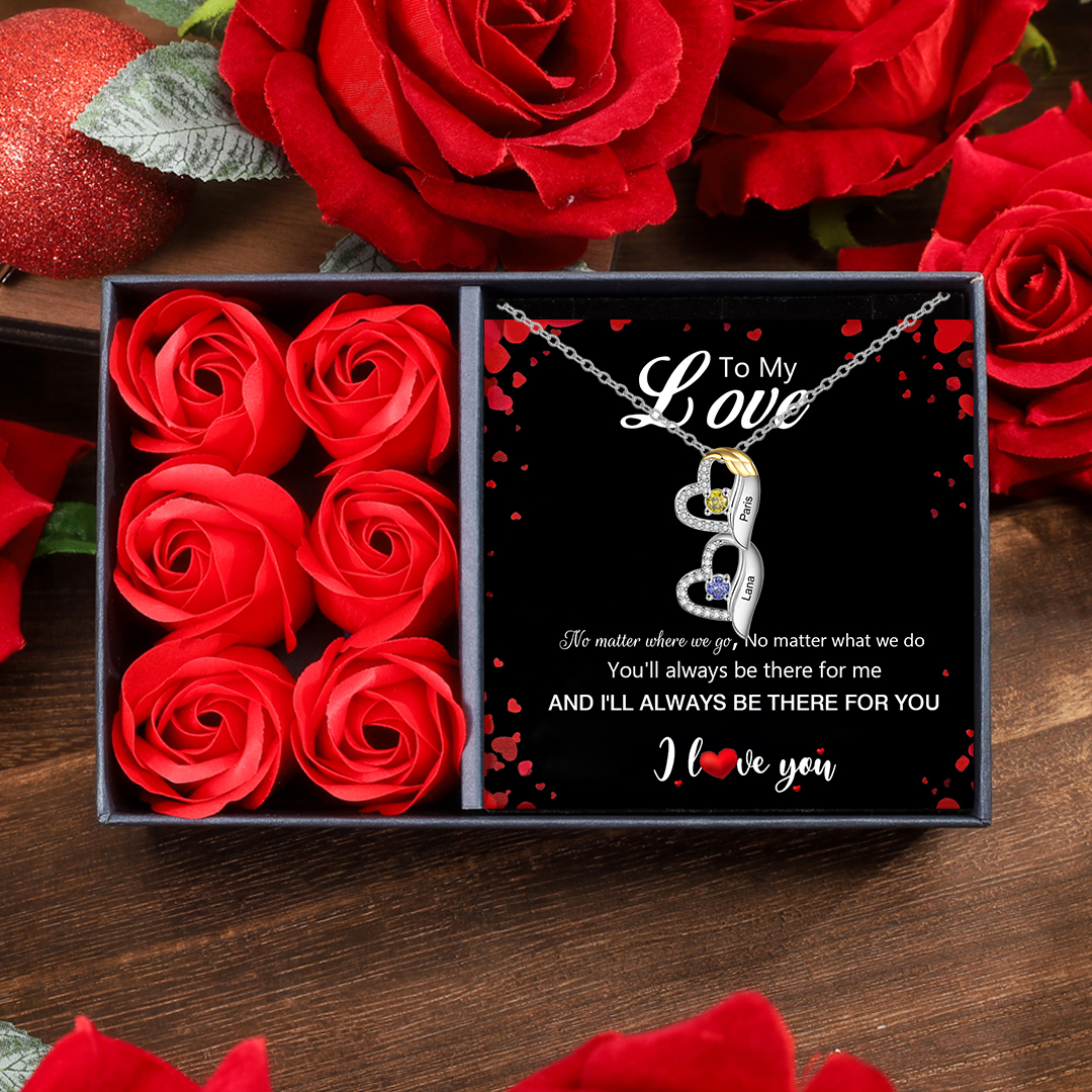 Personalized Heart Pendant Necklace Custom 2 Birthstones & 2 Names Val