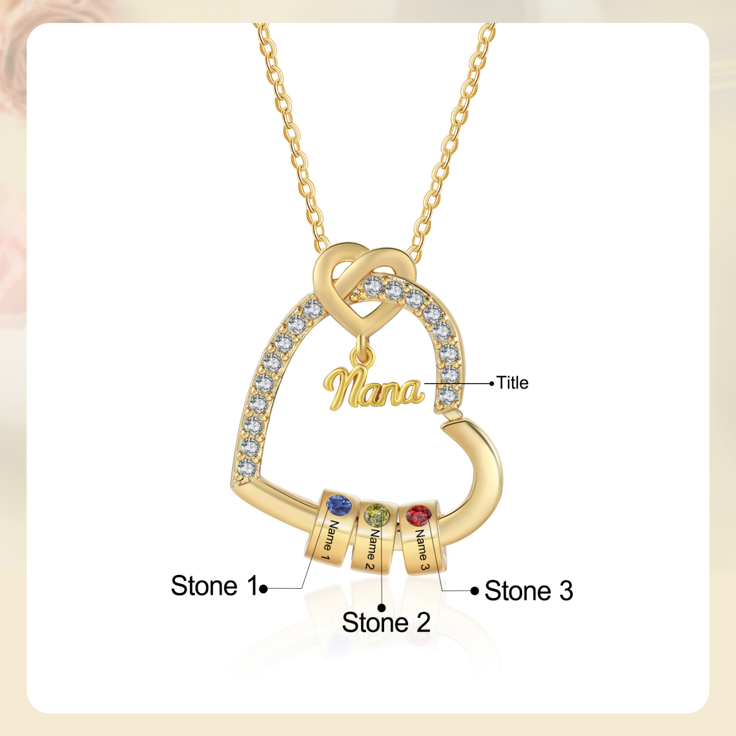 Personalized Heart Nana Necklace Custom 1-5 Names and 1-5 Birthstones Gift for Grandma Jessemade