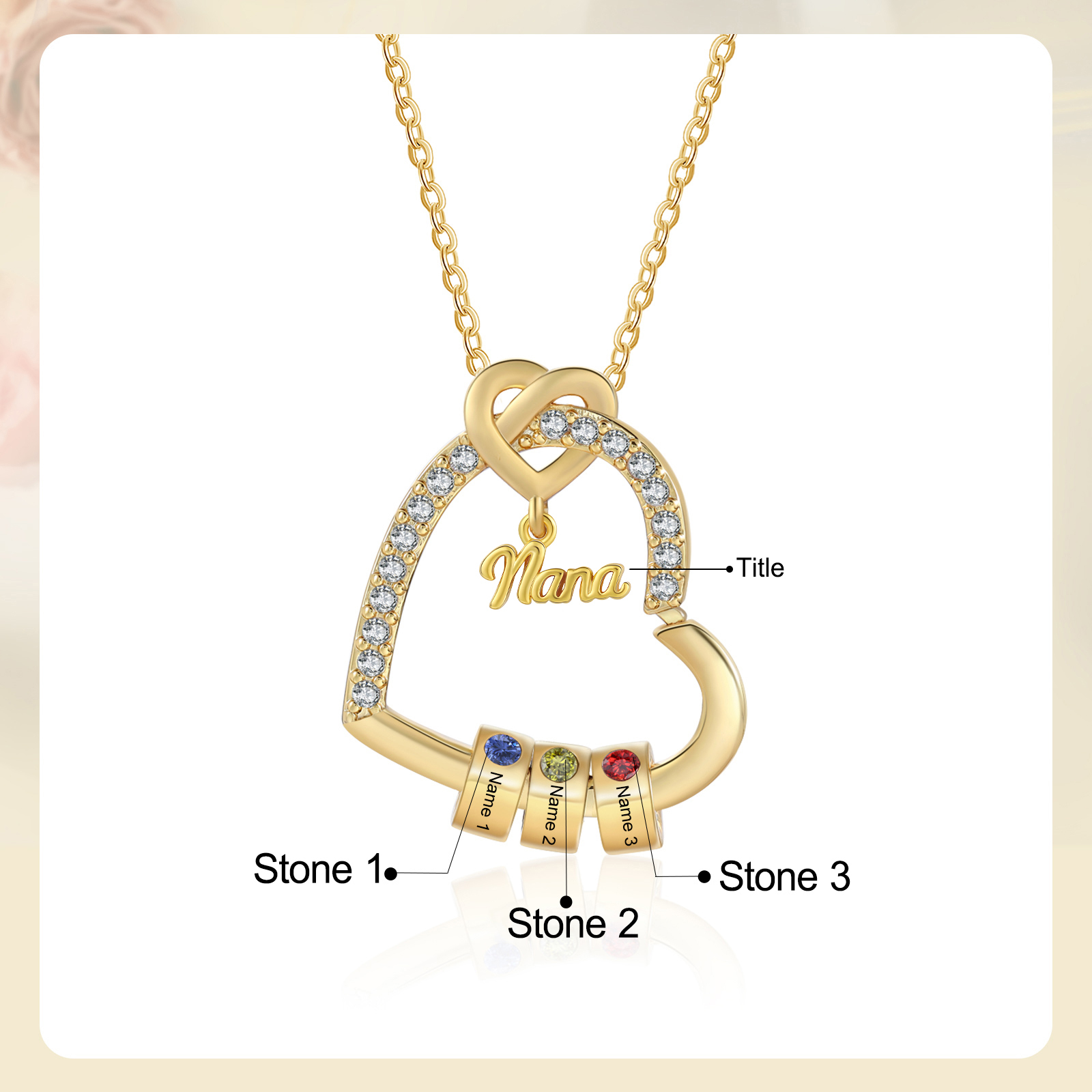 Personalized Heart Nana Necklace Custom 1-5 Names and 1-5 Birthstones Gift for Grandma Jessemade