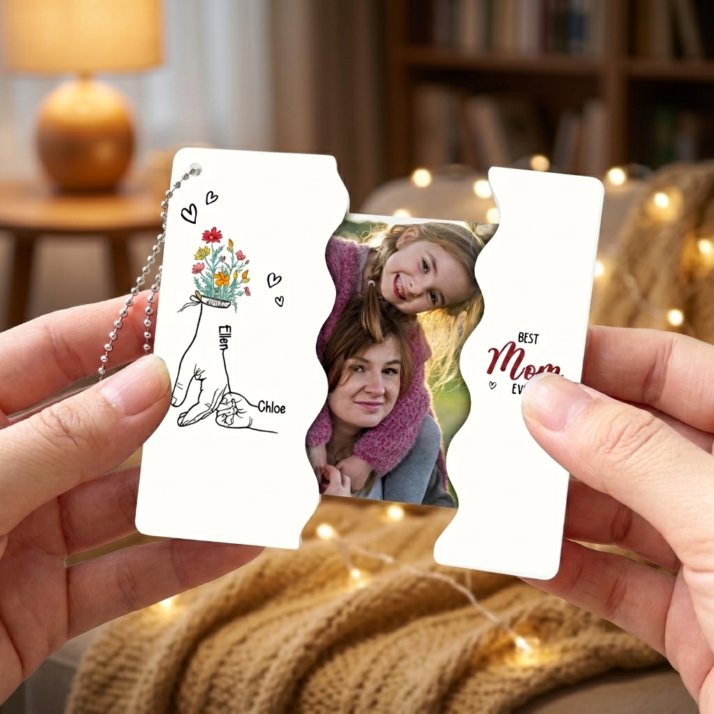 Personalized Floral Mom Sliding Photo Keychain or Hanging Charm