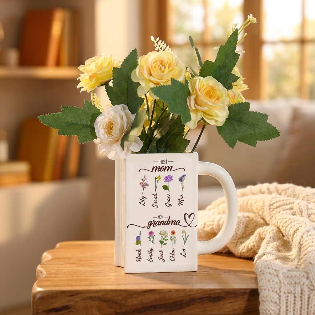 Personalized Book-Shaped Vase with 2 to 10 Names and Birth Flowers for Mum or Grandma