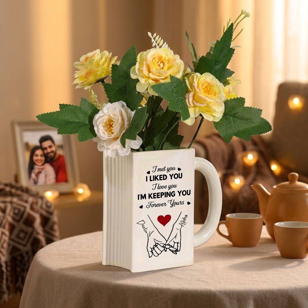 Personalized Ceramic Book-Shaped Vase with 2 Names and Date for Couples
