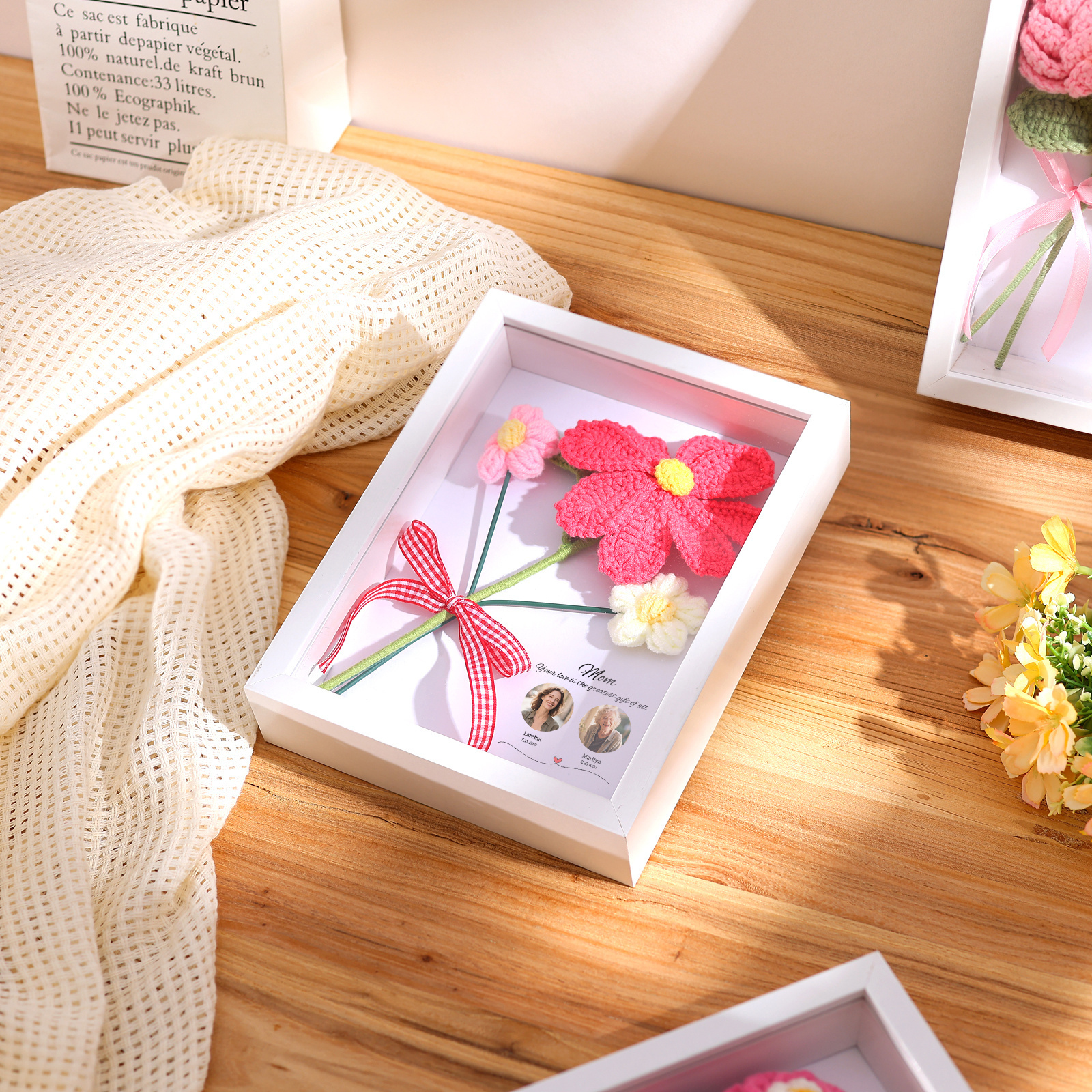 Personalized 3D Peony Crochet Flower Shadow Box Frame