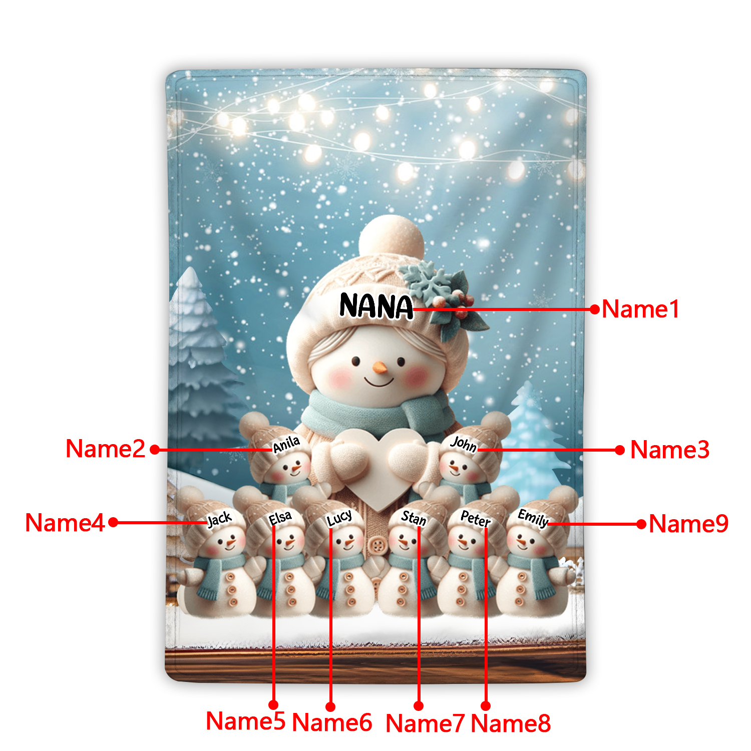 Personalized Snowman Family Blanket with Custom 9 Names Cozy Gift for Family