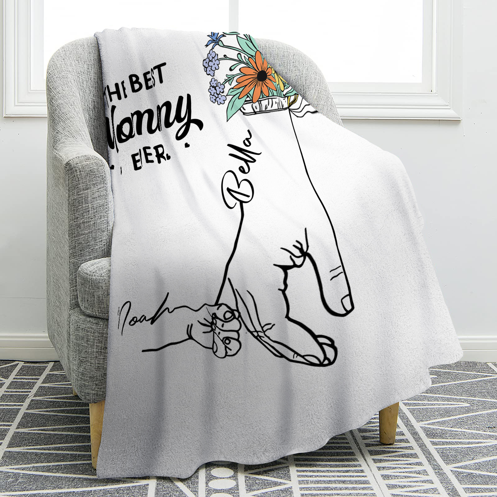 Personalized Hand and Flower Blanket with Custom 2 Names Family Gift