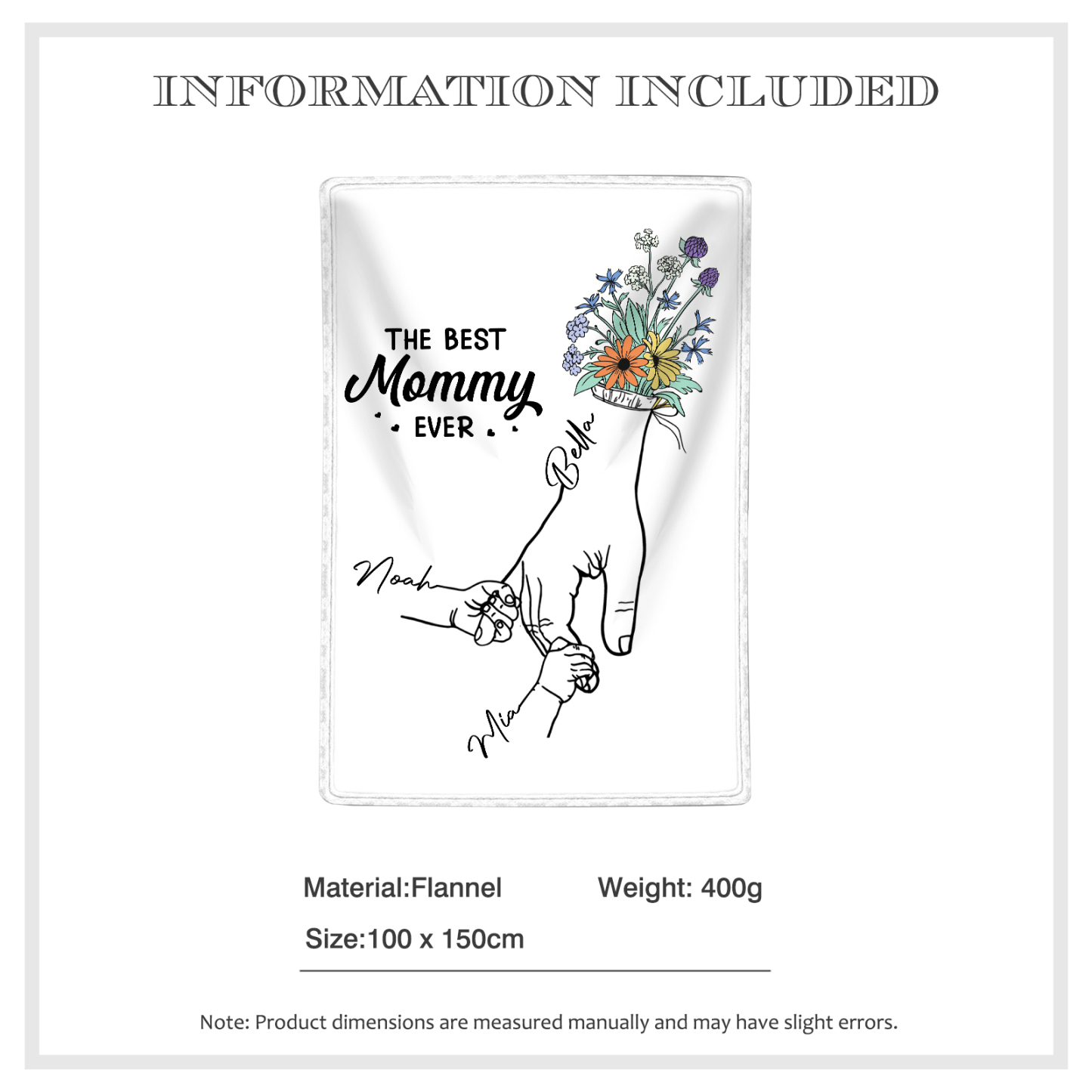 Personalized Hand and Flower Blanket with Custom 3 Names Family Gift