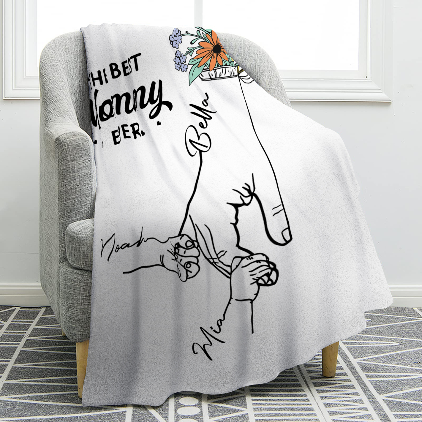 Personalized Hand and Flower Blanket with Custom 3 Names Family Gift