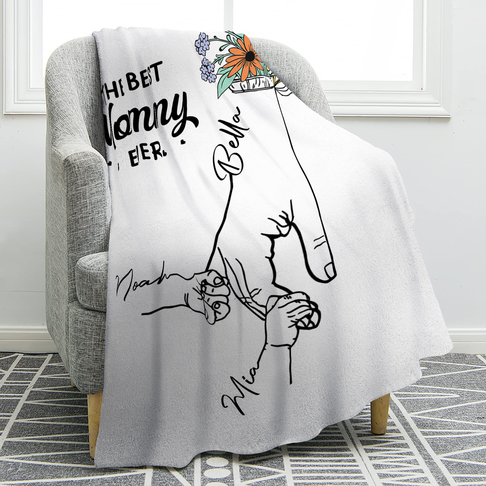 Personalized Hand and Flower Blanket with Custom 3 Names Family Gift