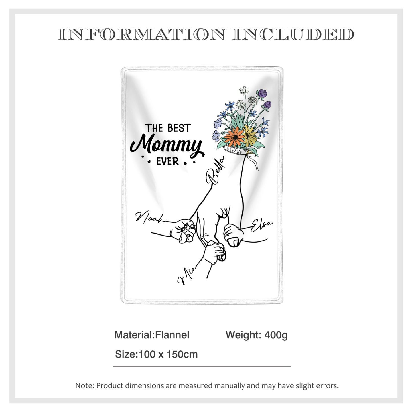 Personalized Hand and Flower Blanket with Custom 4 Names Family Gift