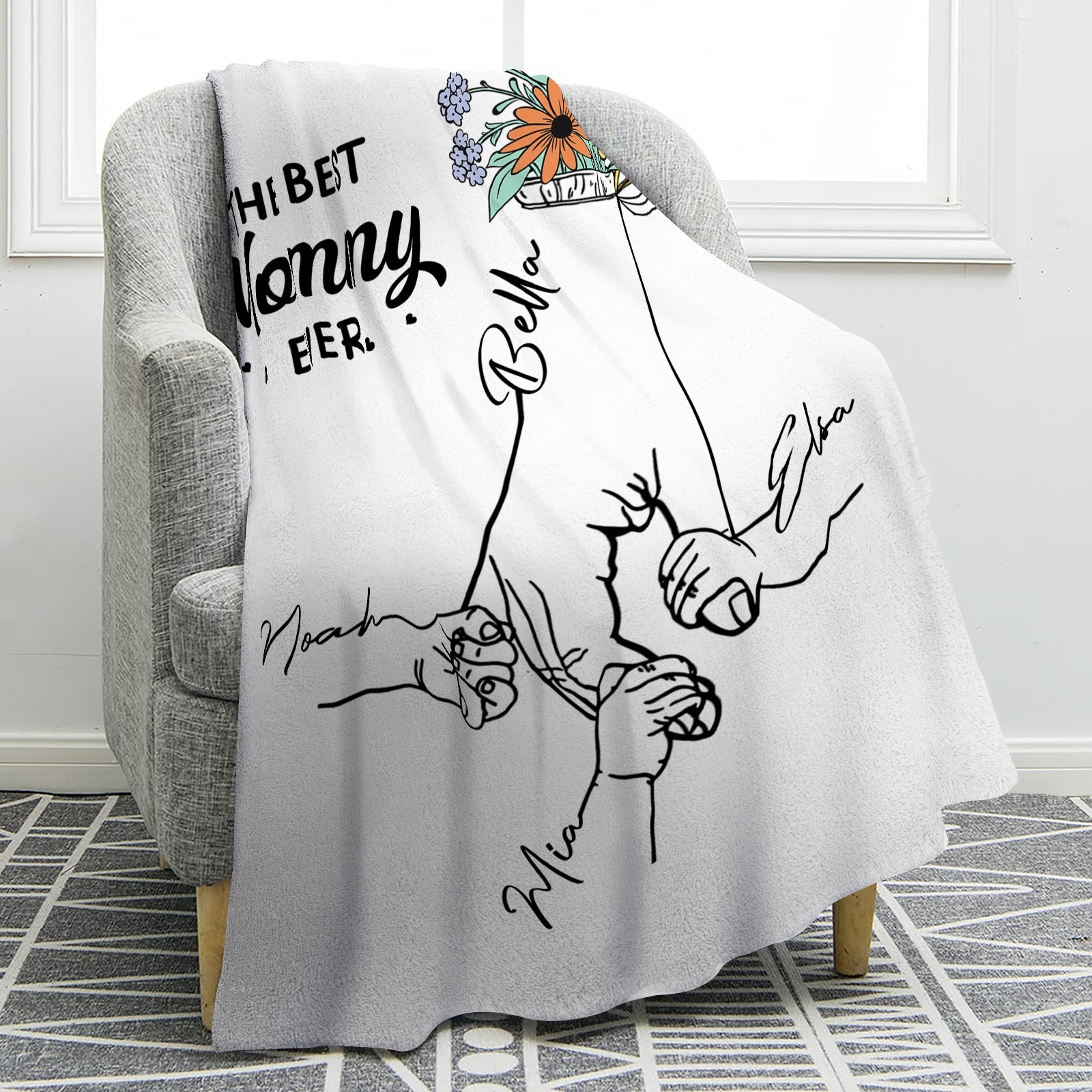 Personalized Hand and Flower Blanket with Custom 4 Names Family Gift