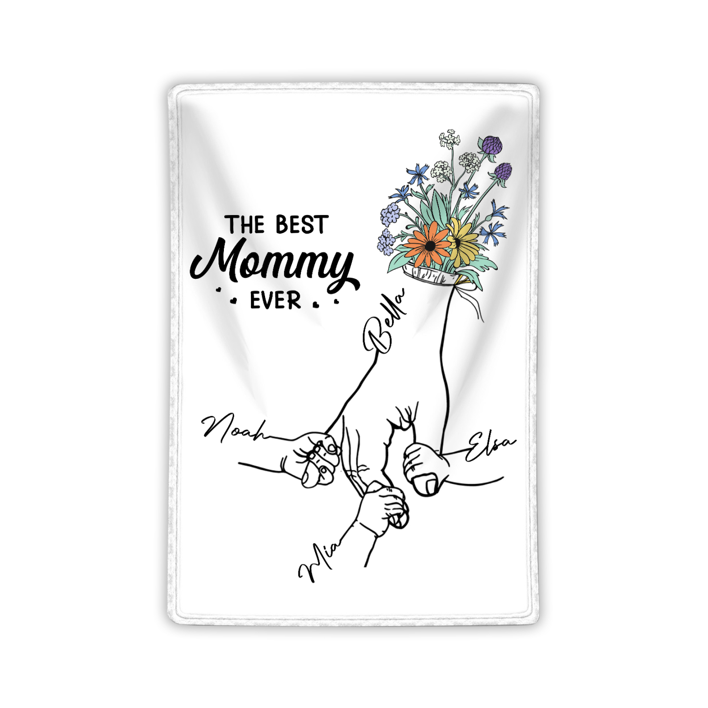 Personalized Hand and Flower Blanket with Custom 4 Names Family Gift