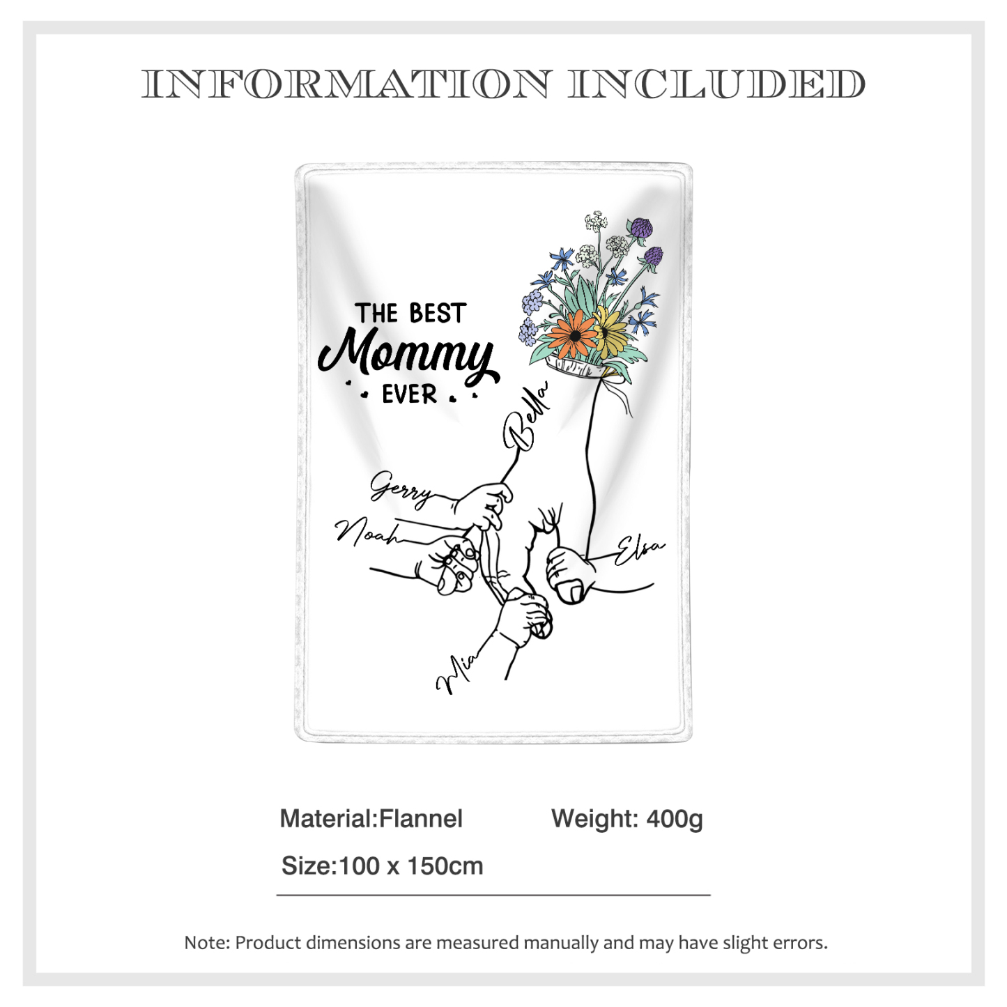 Personalized Hand and Flower Blanket with Custom 5 Names Family Gift