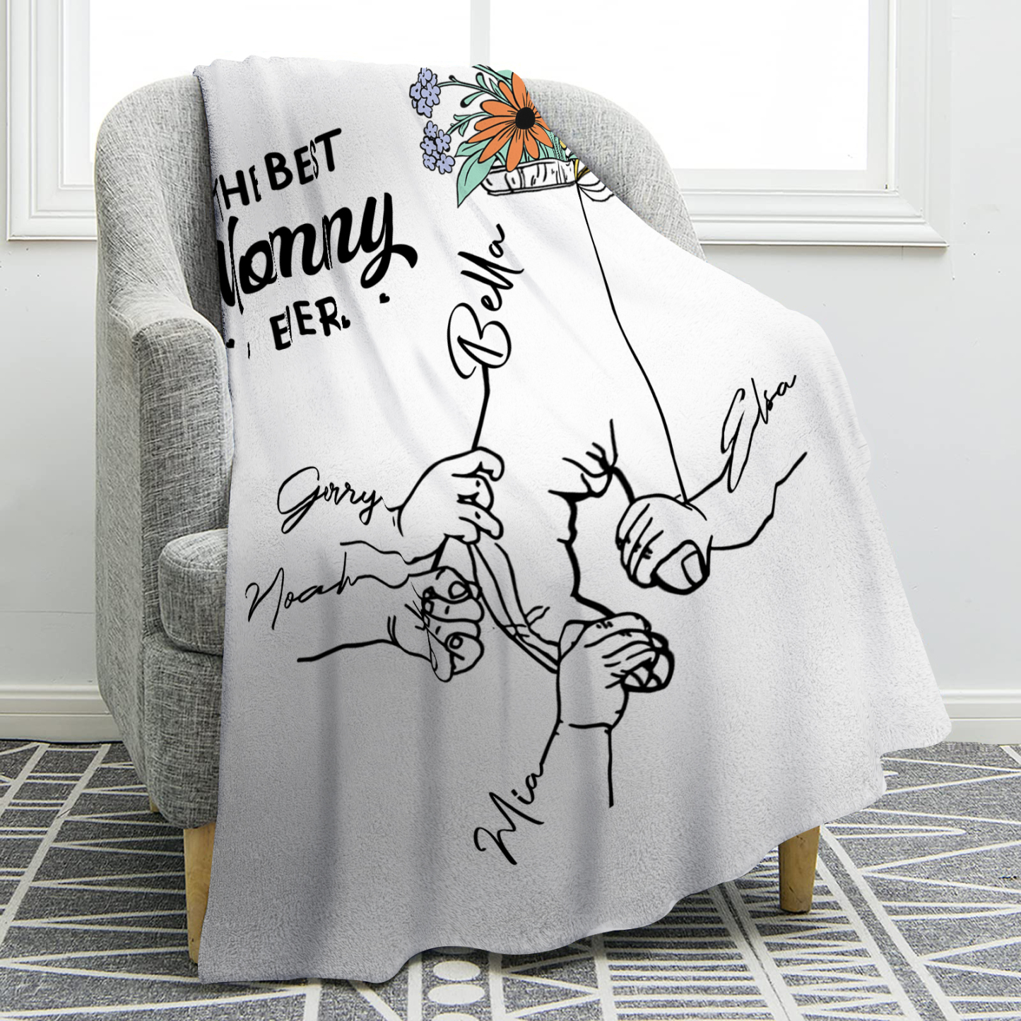 Personalized Hand and Flower Blanket with Custom 5 Names Family Gift