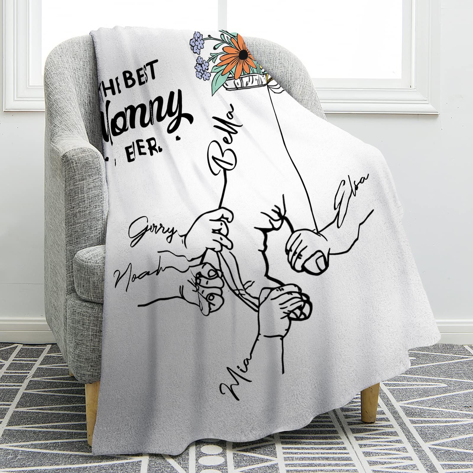 Personalized Hand and Flower Blanket with Custom 5 Names Family Gift