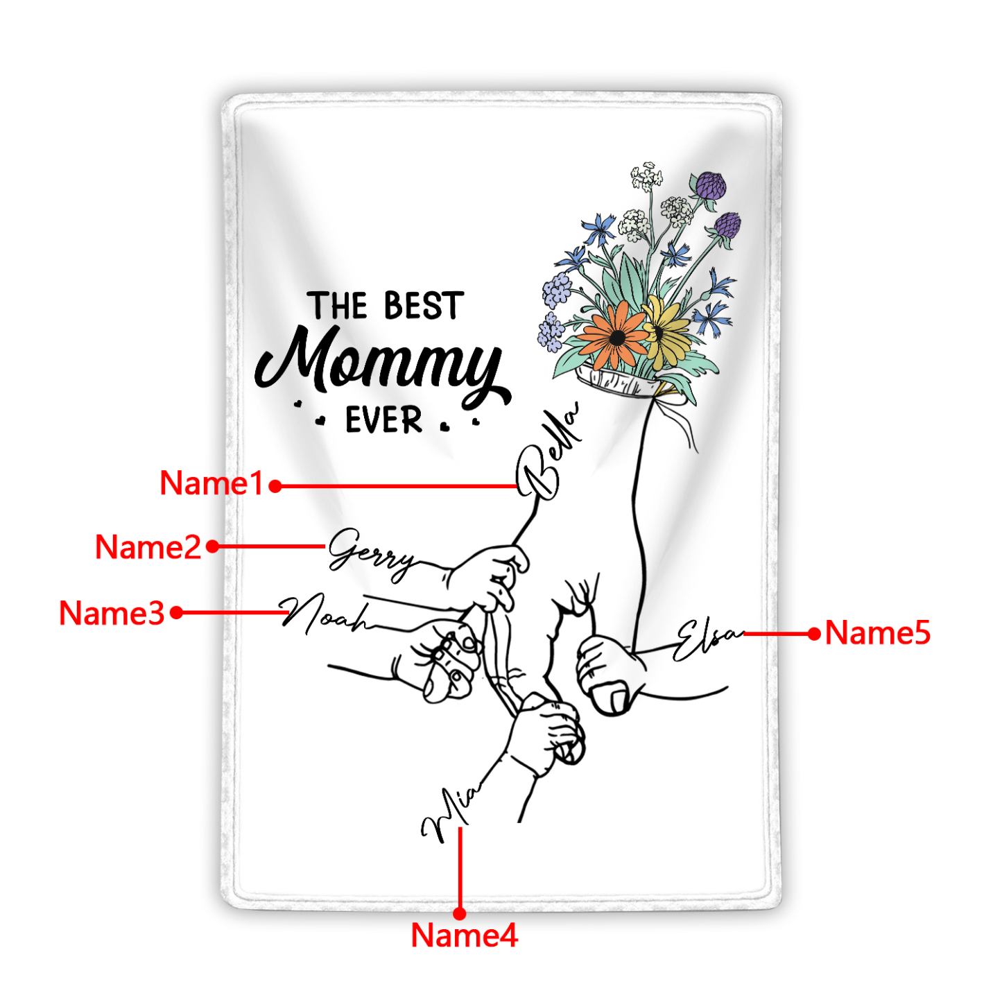 Personalized Hand and Flower Blanket with Custom 5 Names Family Gift