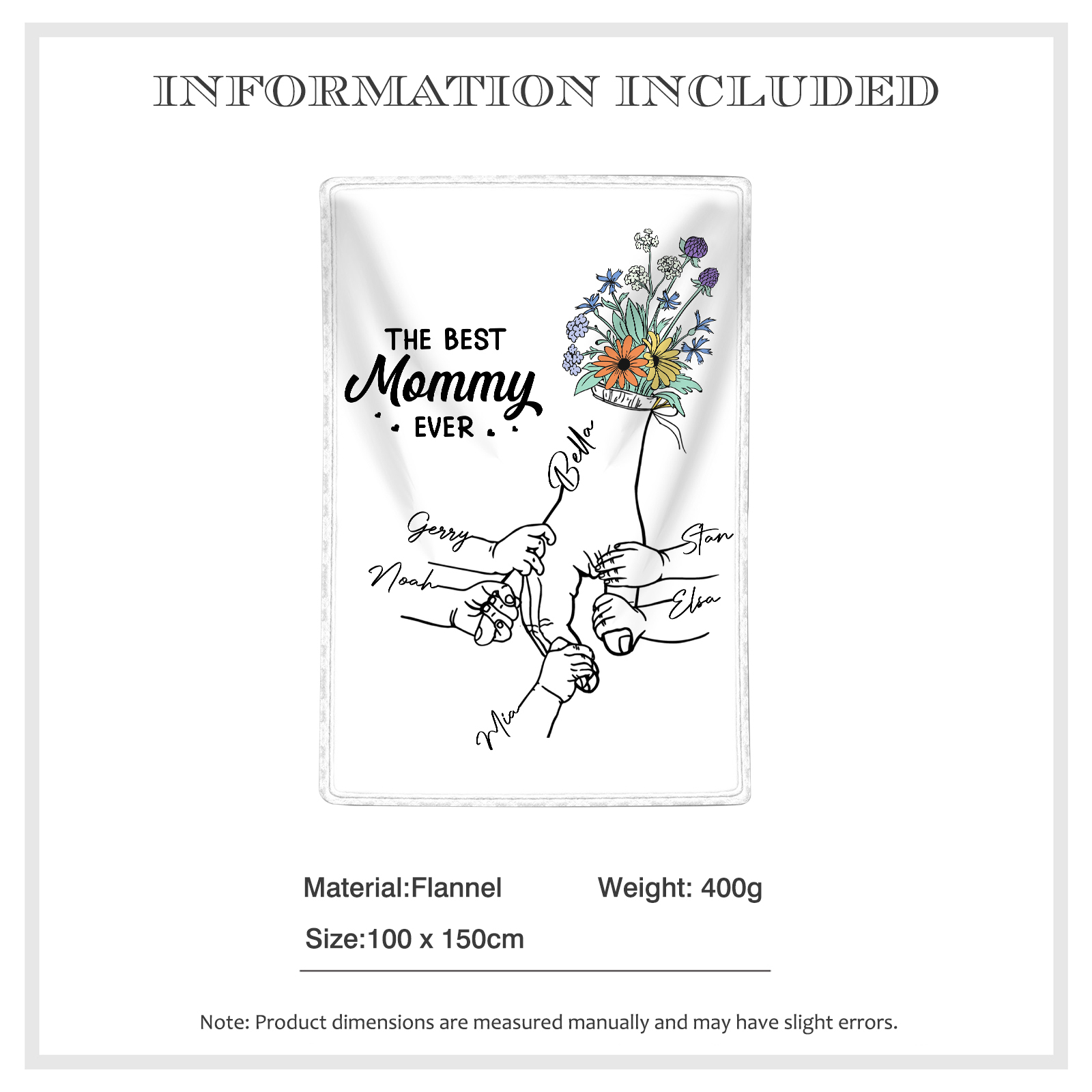 Personalized Hand and Flower Blanket with Custom 6 Names Family Gift