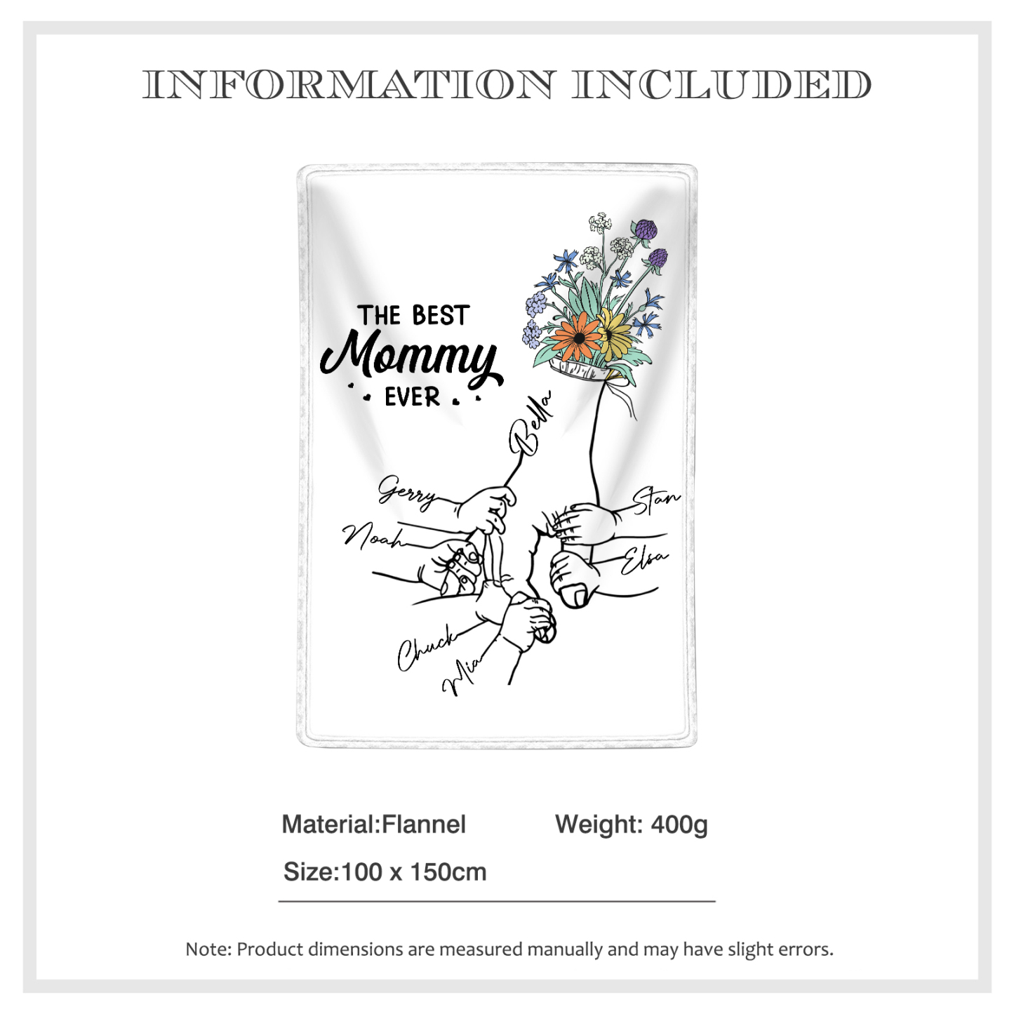 Personalized Hand and Flower Blanket with Custom 7 Names Family Gift
