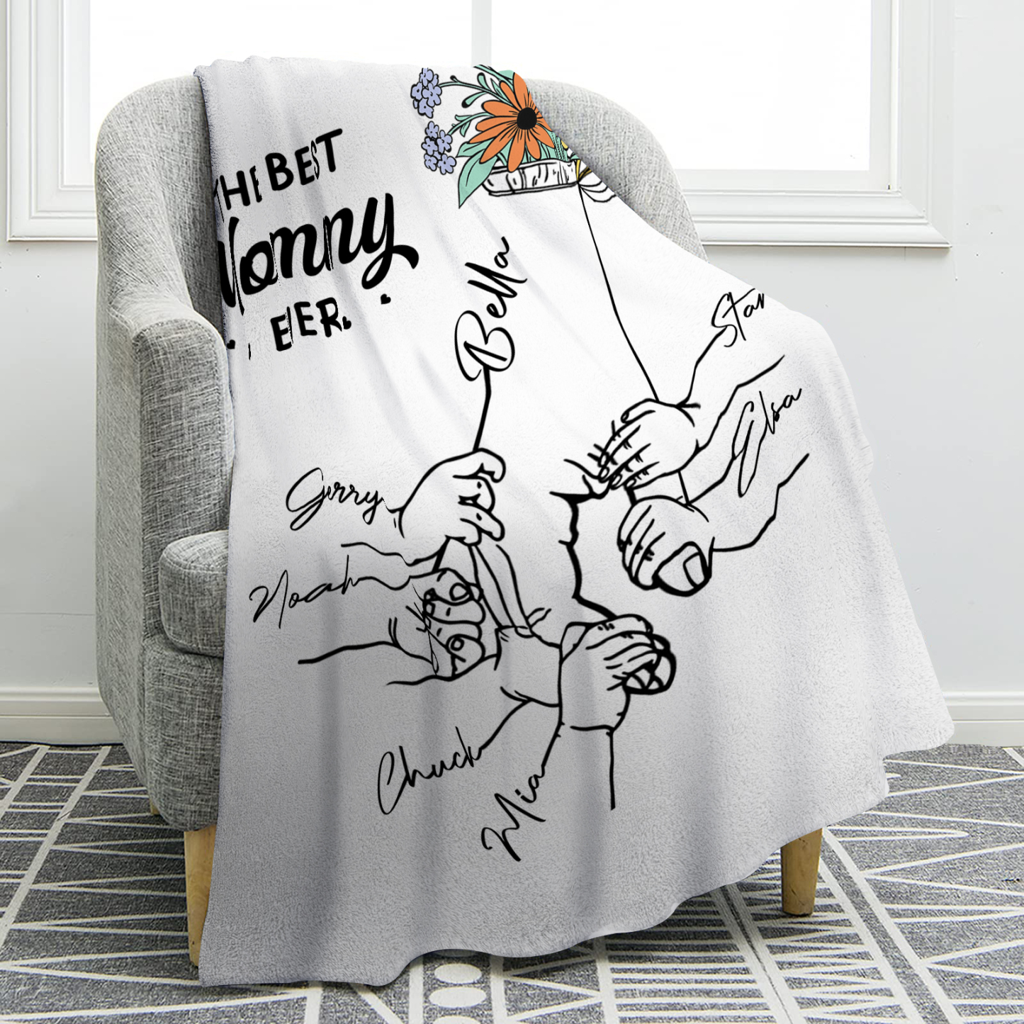 Personalized Hand and Flower Blanket with Custom 7 Names Family Gift