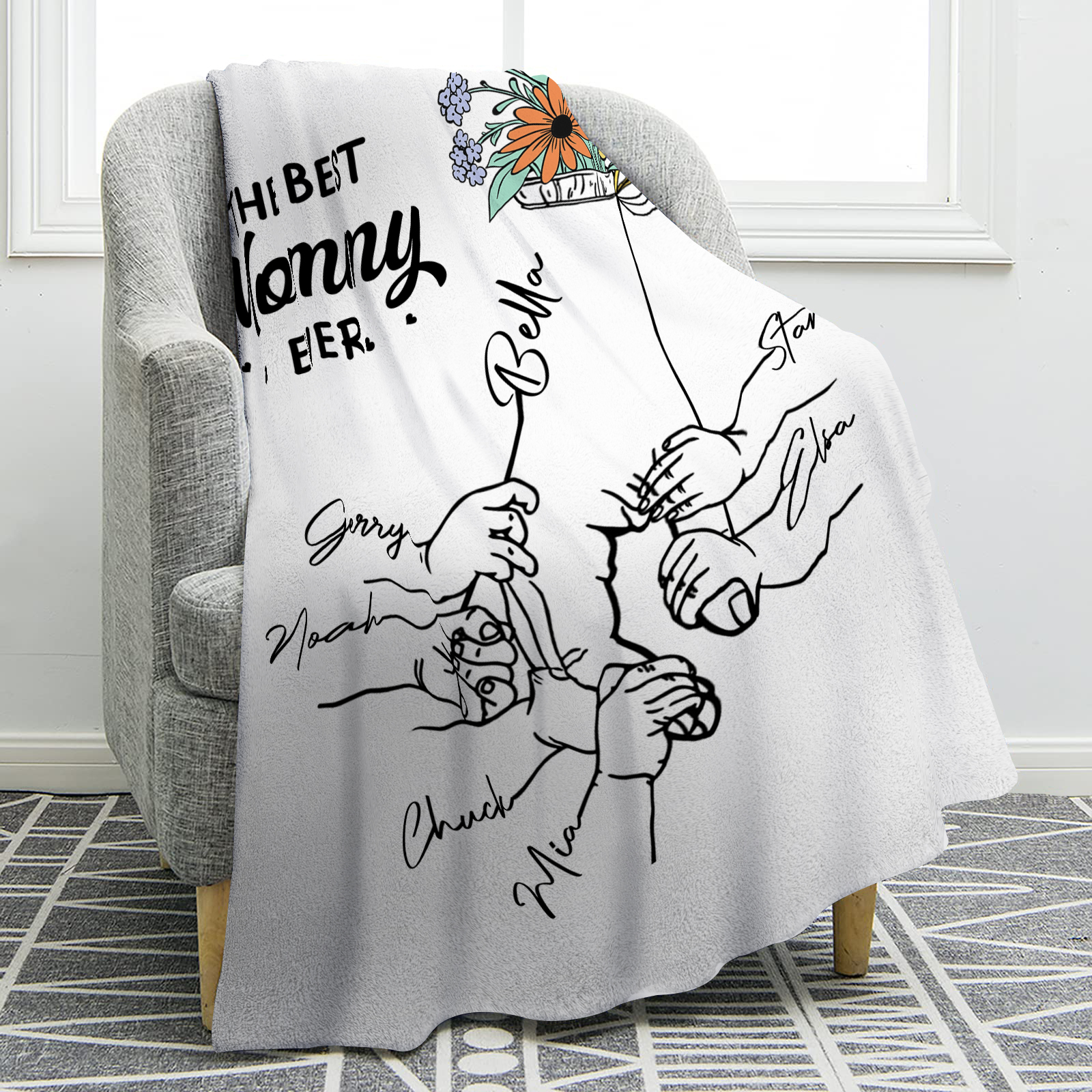 Personalized Hand and Flower Blanket with Custom 7 Names Family Gift