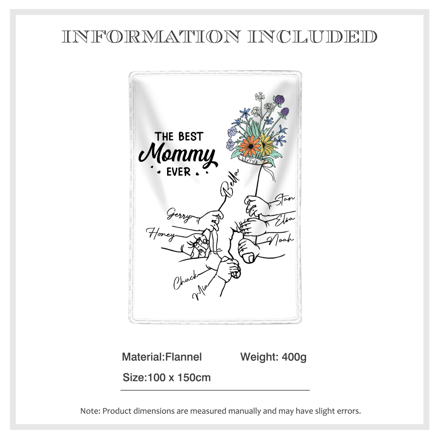 Personalized Hand and Flower Blanket with Custom 8 Names Family Gift
