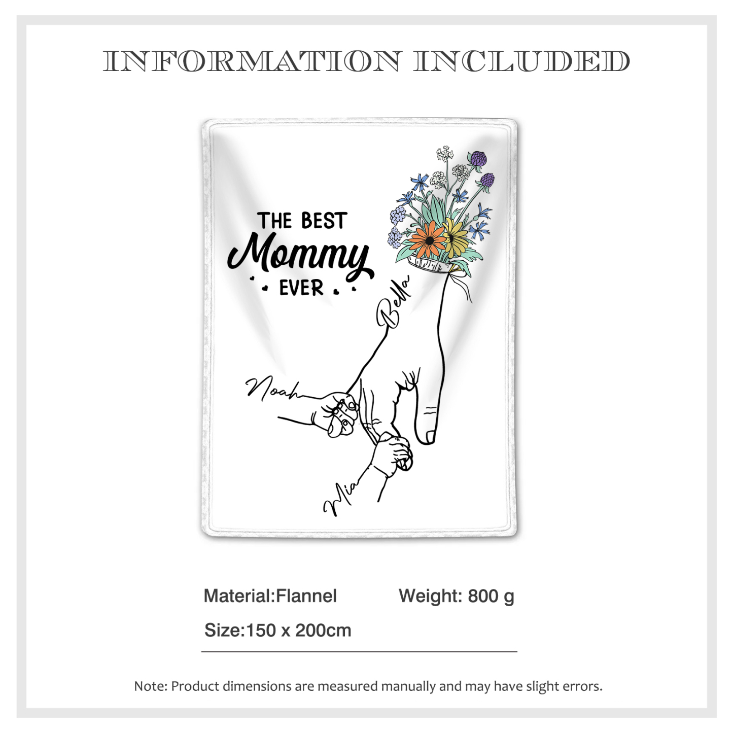 Personalized Hand and Flower Blanket with Custom 3 Names Family Gift