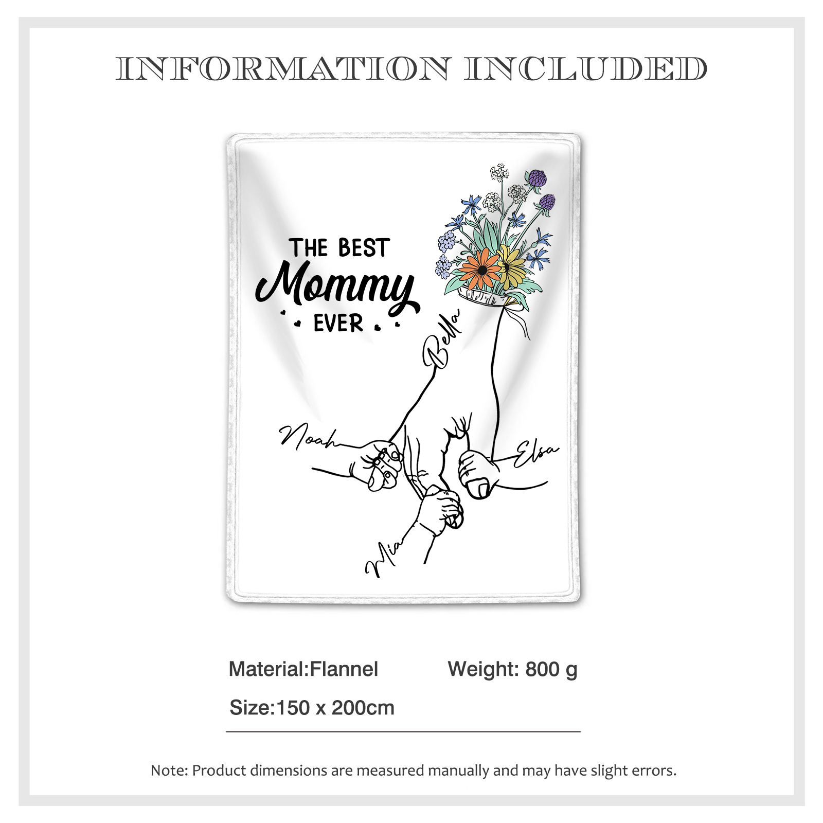 Personalized Hand and Flower Blanket with Custom 4 Names Family Gift
