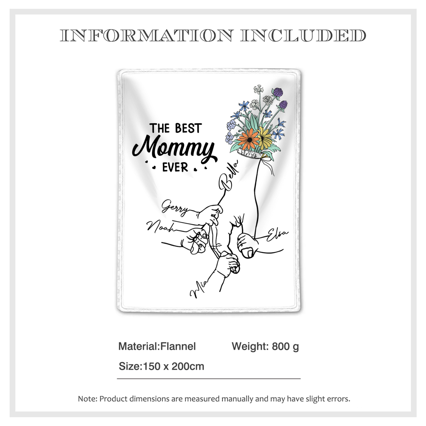 Personalized Hand and Flower Blanket with Custom 5 Names Family Gift