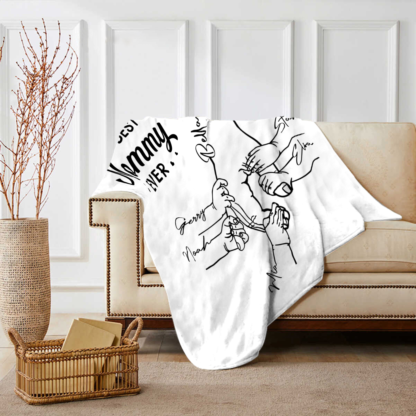 Personalized Hand and Flower Blanket with Custom 6 Names Family Gift