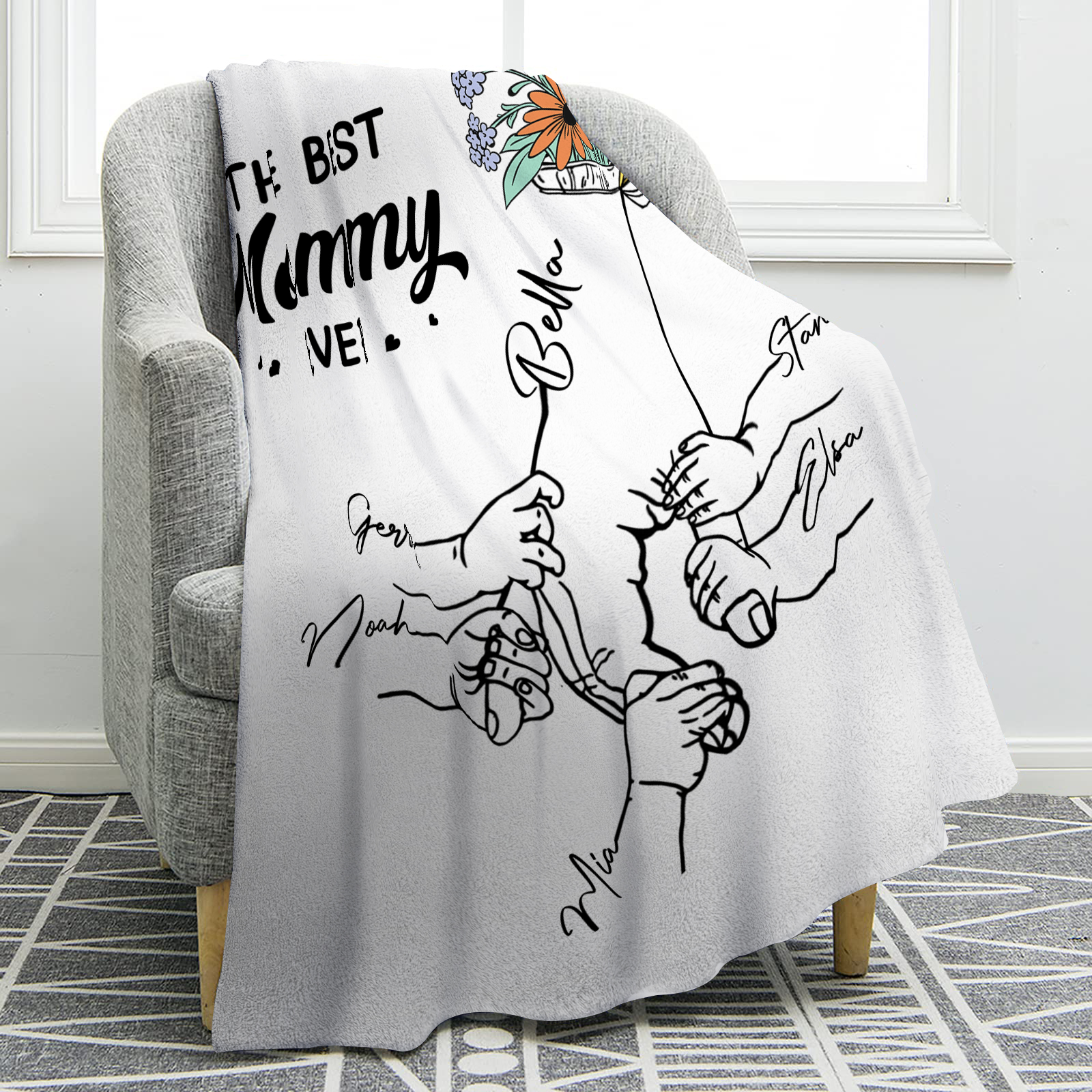 Personalized Hand and Flower Blanket with Custom 6 Names Family Gift