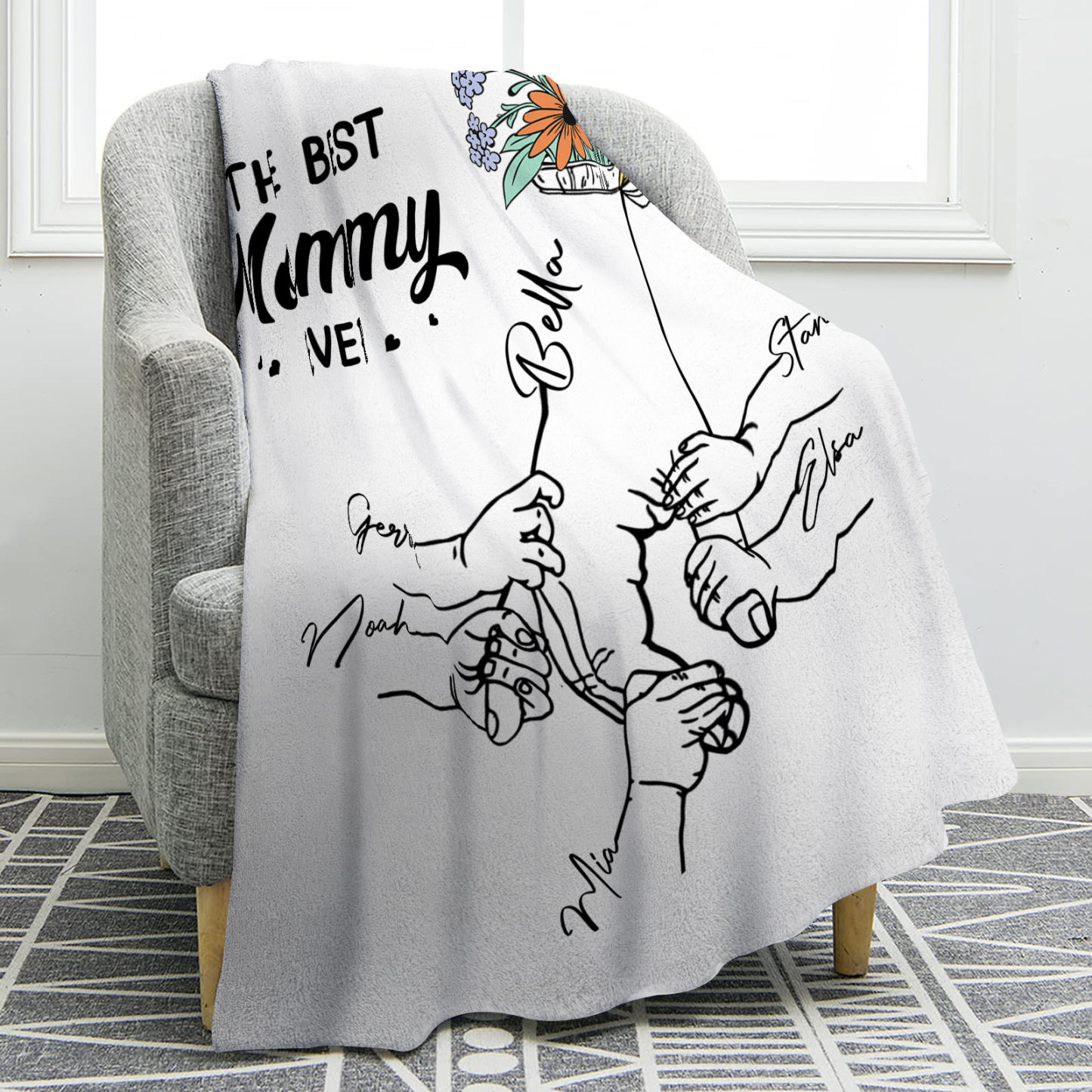 Personalized Hand and Flower Blanket with Custom 6 Names Family Gift