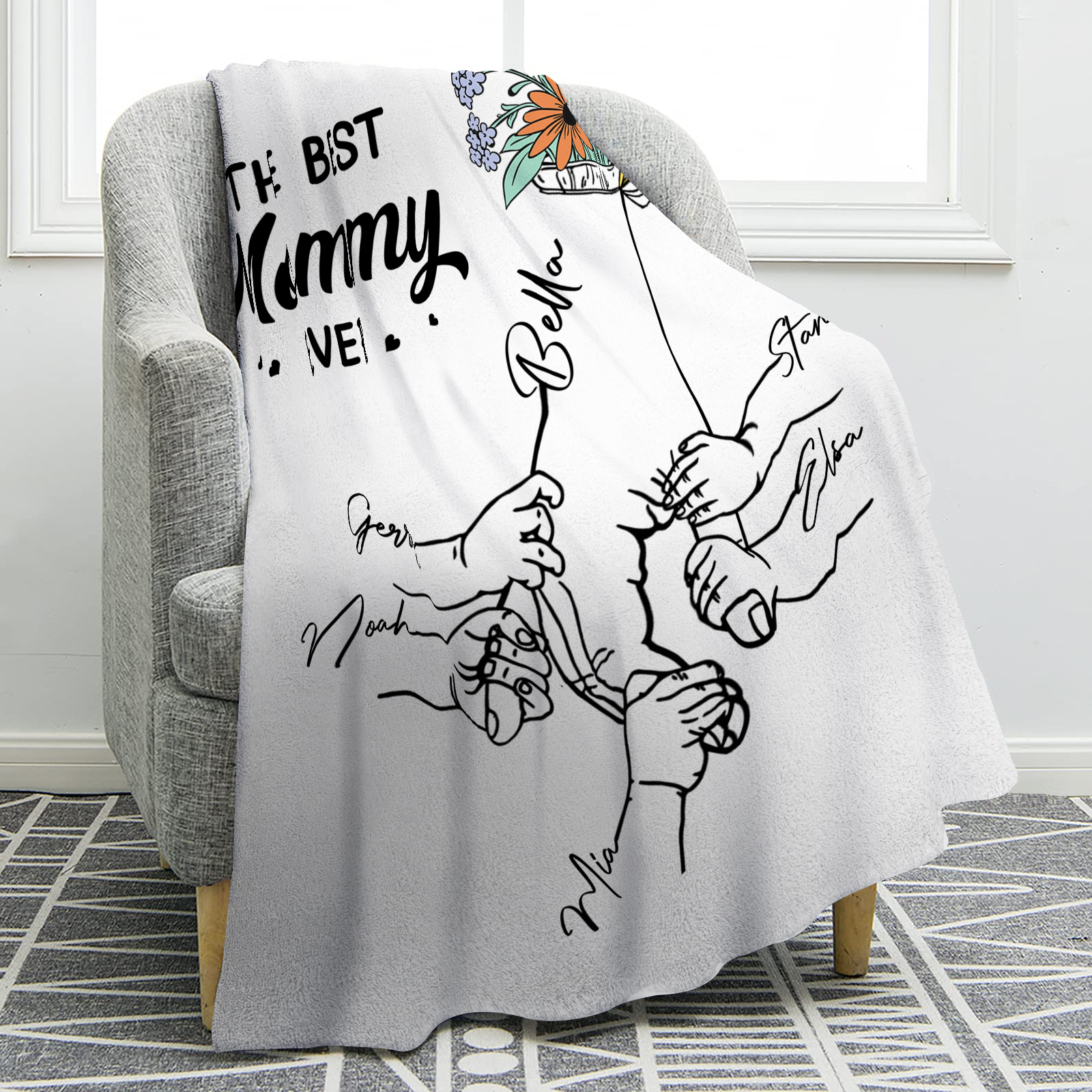 Personalized Hand and Flower Blanket with Custom 6 Names Family Gift