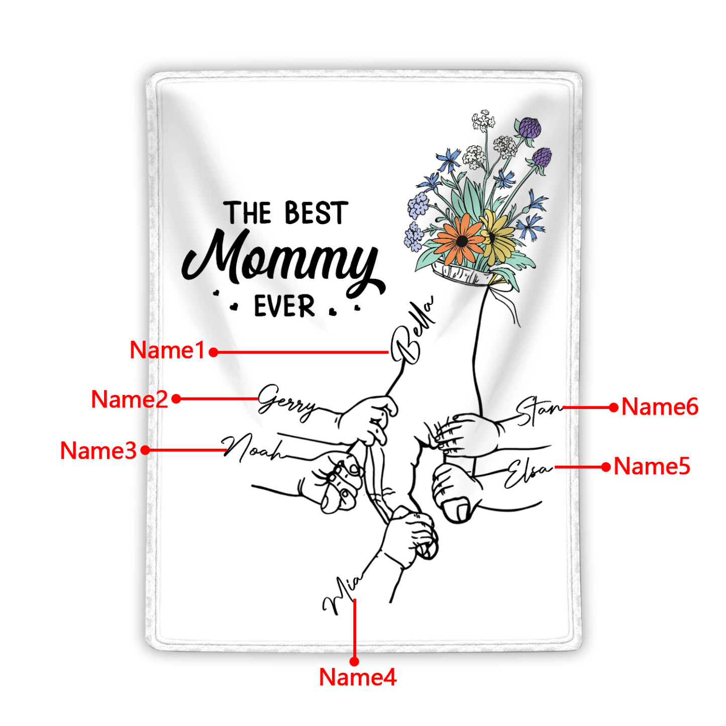 Personalized Hand and Flower Blanket with Custom 6 Names Family Gift