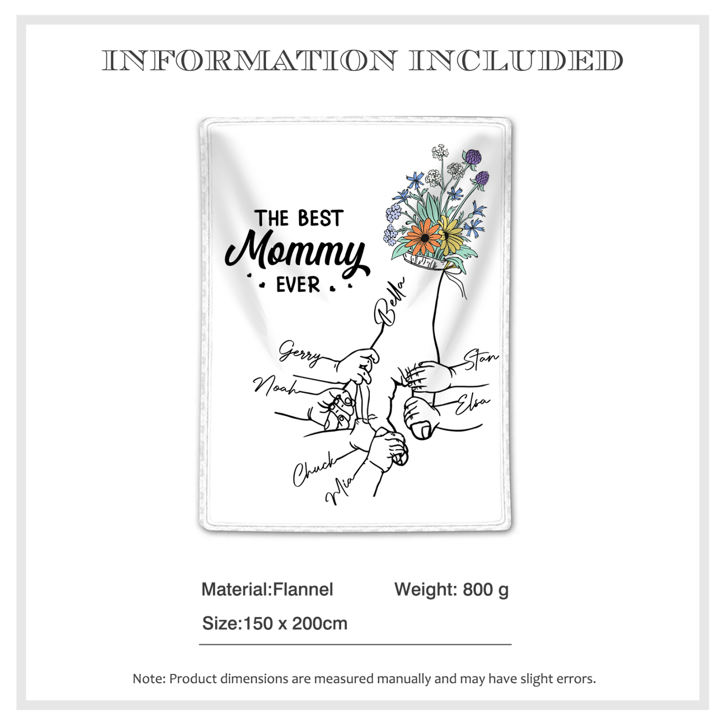 Personalized Hand and Flower Blanket with Custom 7 Names Family Gift