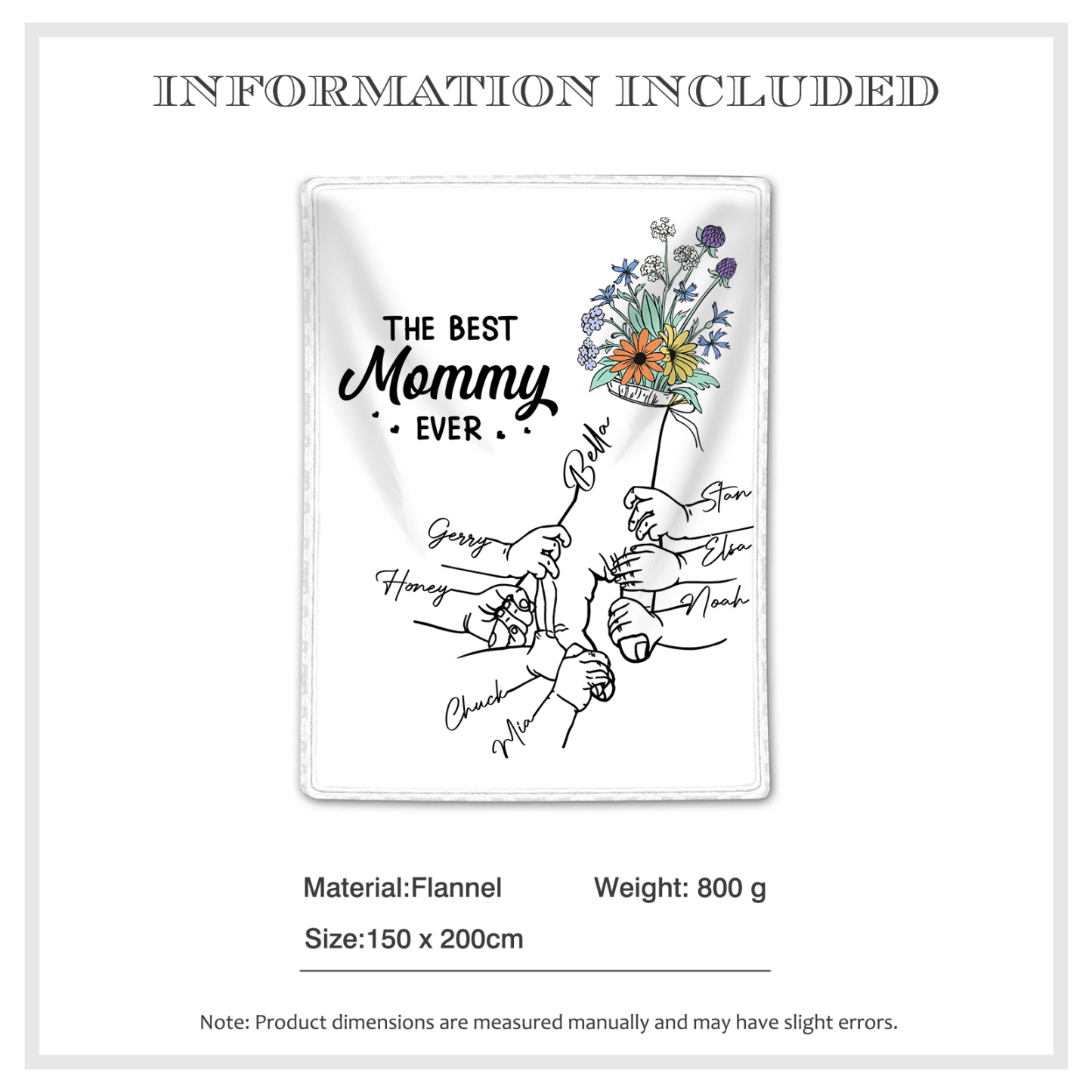 Personalized Hand and Flower Blanket with Custom 8 Names Family Gift