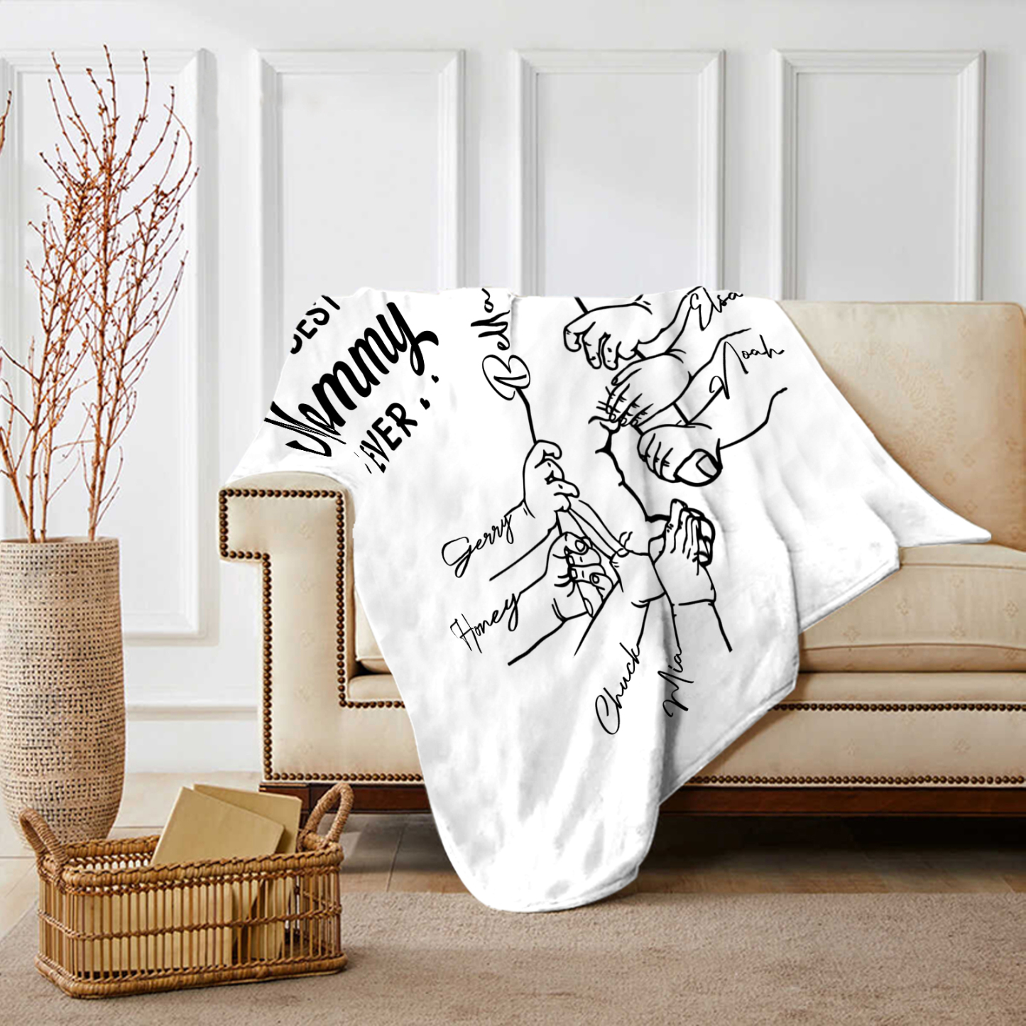 Personalized Hand and Flower Blanket with Custom 8 Names Family Gift