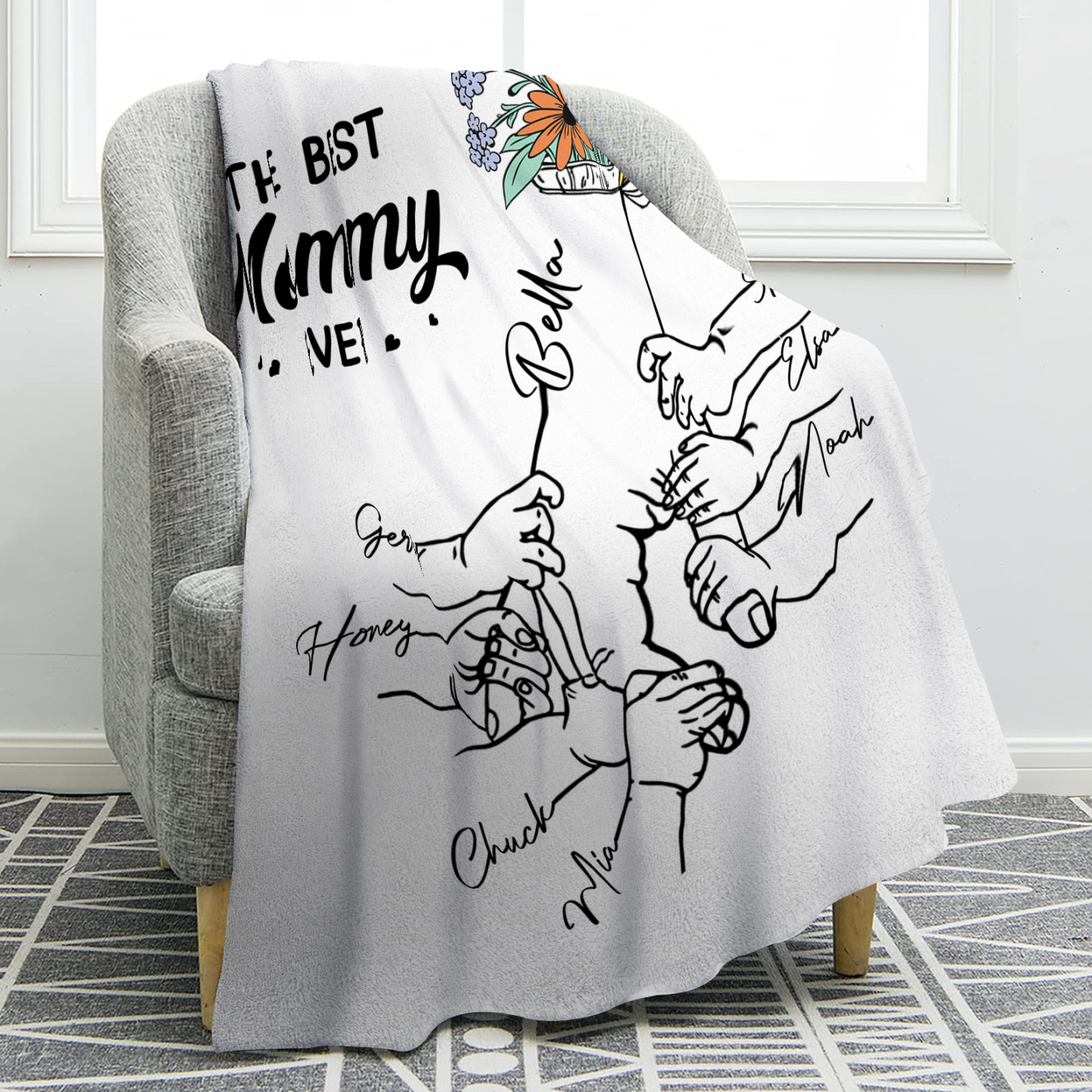 Personalized Hand and Flower Blanket with Custom 8 Names Family Gift