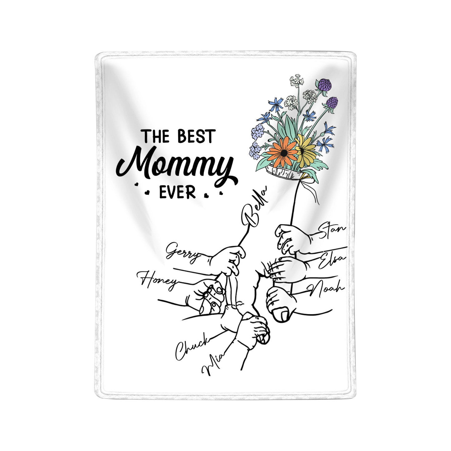 Personalized Hand and Flower Blanket with Custom 8 Names Family Gift