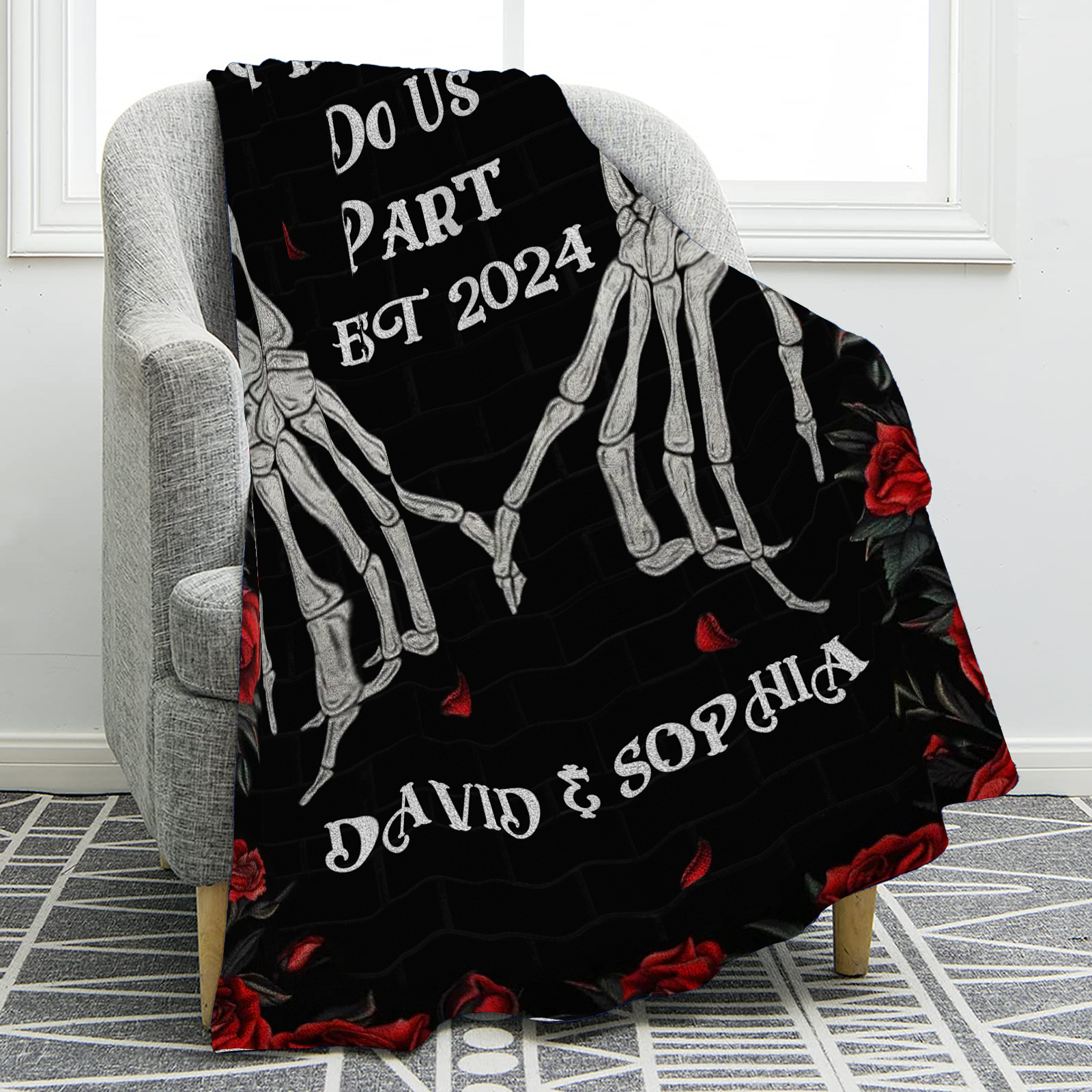 Till Death Do Us Part Personalized Couple Blanket with Names Roses and Skeleton Hands